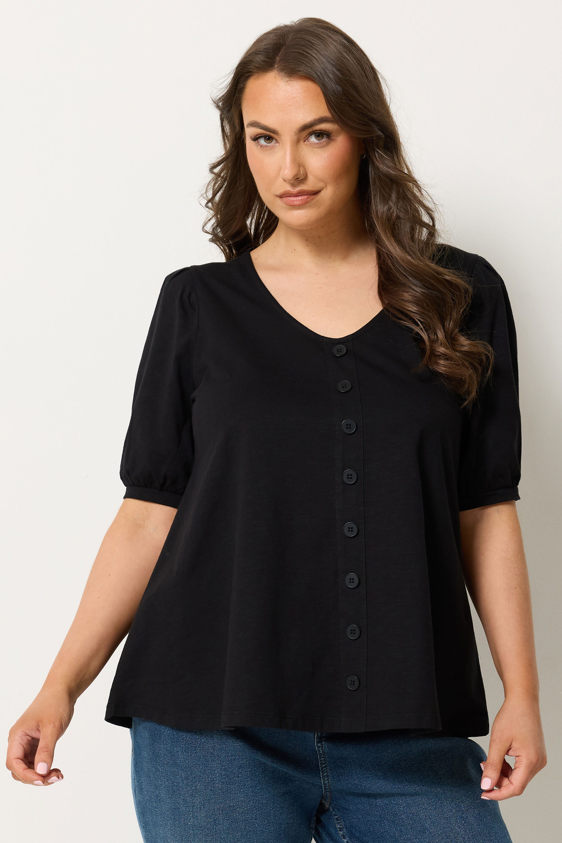 YOURS Plus Size Black Button Front Puff Sleeve Top | Yours Clothing  3