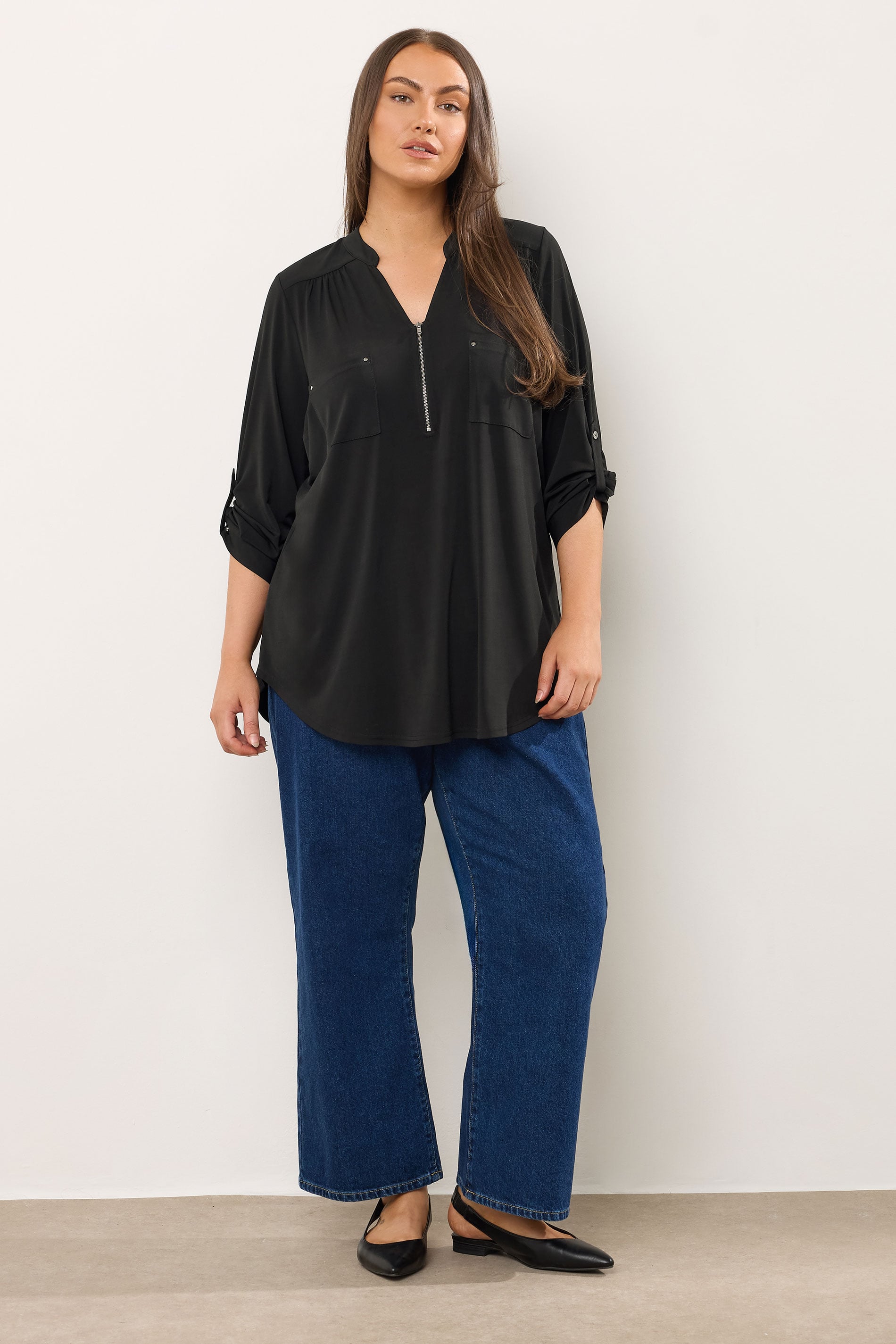 EVANS Plus Size Black Zip Front Jersey Blouse | Evans  1