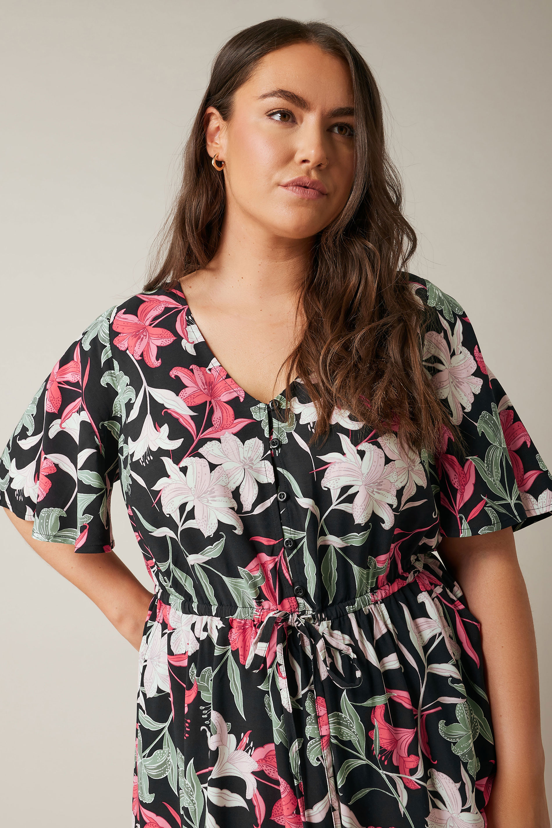 EVANS Plus Size Black Floral Design Border Print Midi Dress | Evans