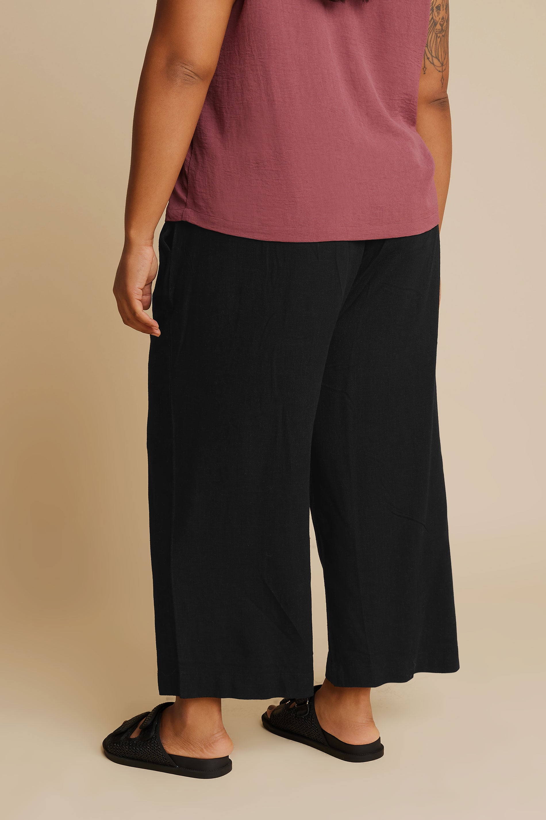 YOURS Plus Size Black Linen Cropped Wide Leg Trousers | Yours Clothing 2