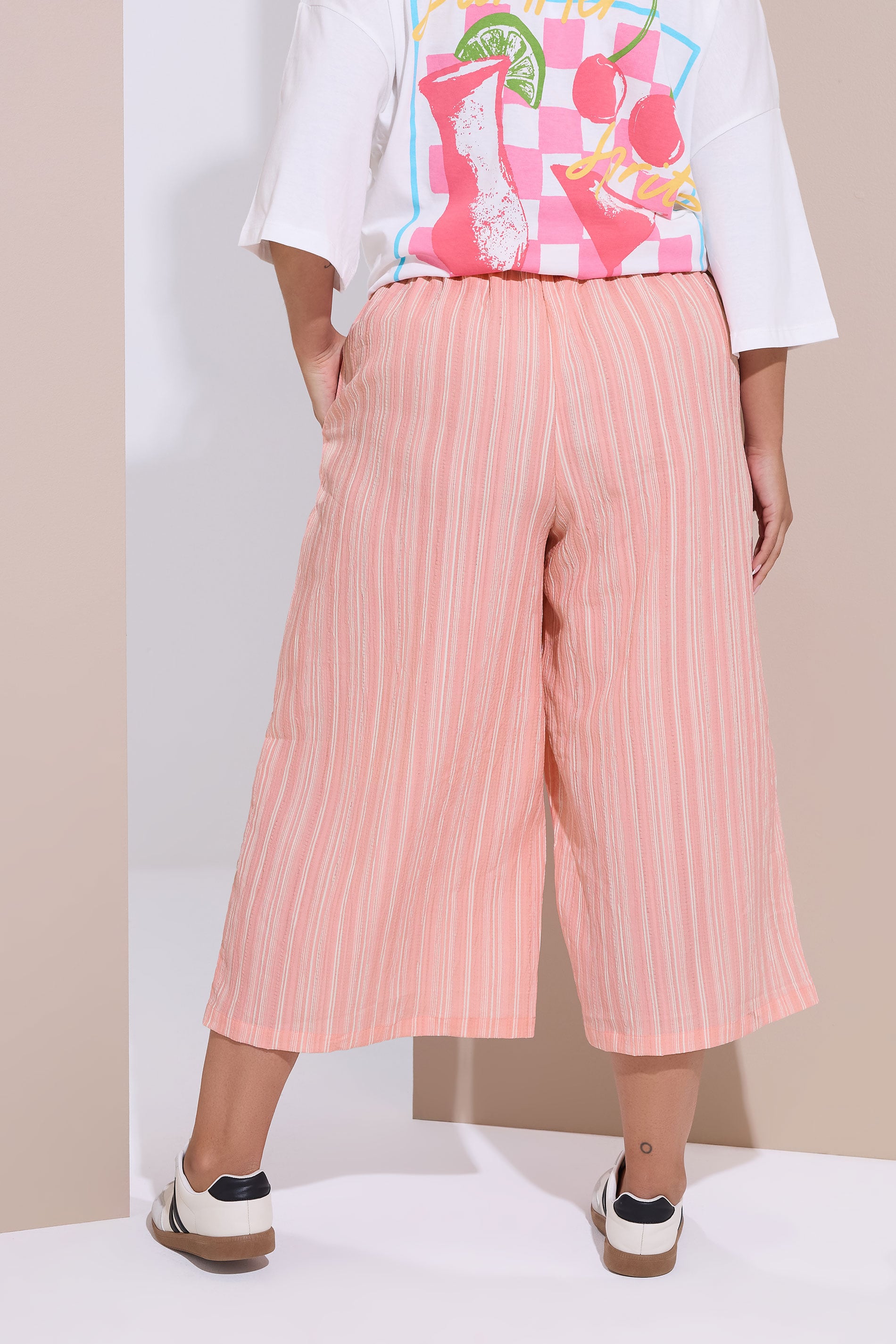 YOURS Plus Size Pink Stripe Textured Cropped Trousers | Yours Clothing 2