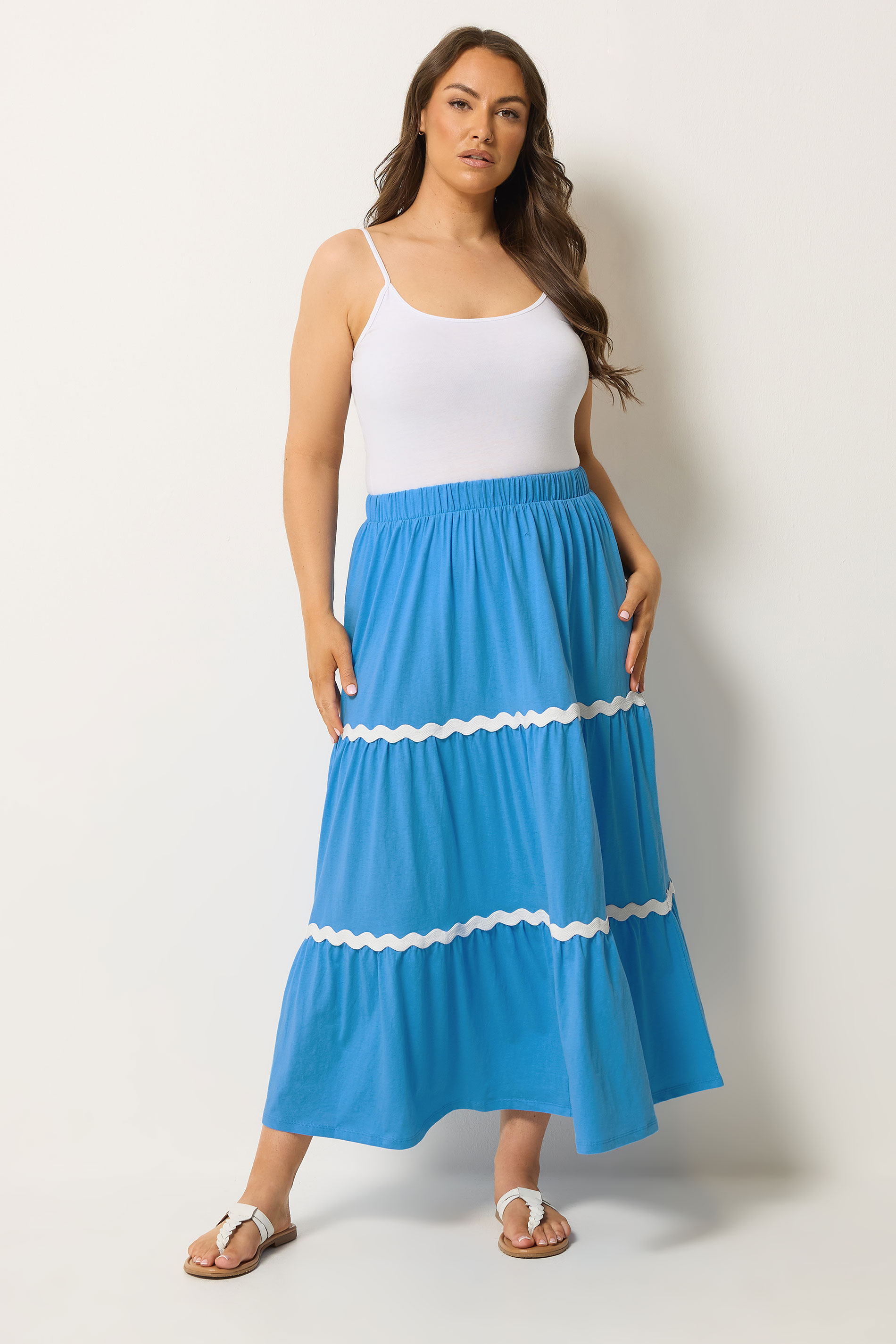 YOURS Plus Size Blue Wavy Detail Tiered Maxi Skirt | Yours Clothing 1