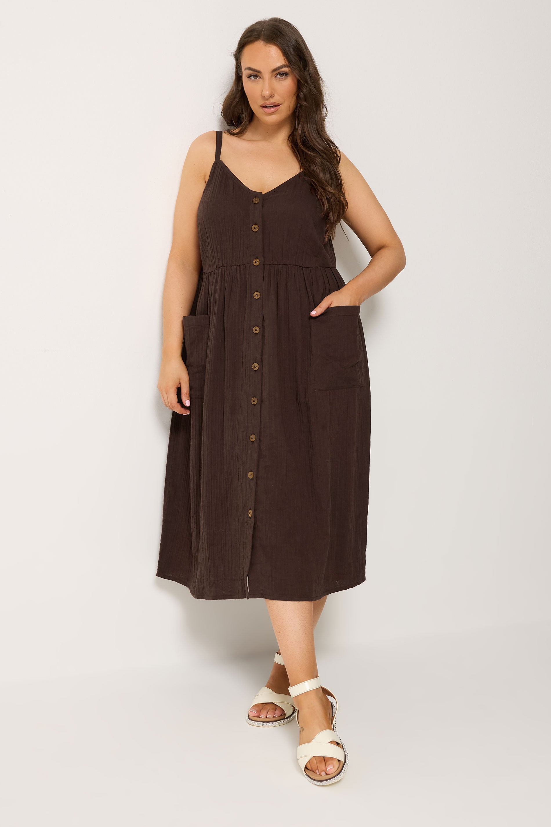 YOURS Plus Size Chocolate Brown Cheesecloth Sundress | Yours Clothing 1