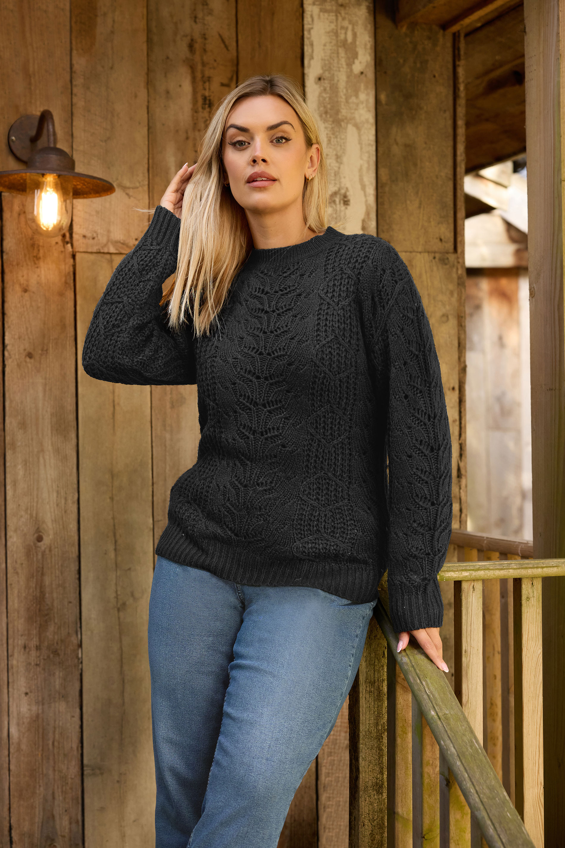 YOURS Plus Size Black Pointelle Knitted Jumper | Yours Clothing 1