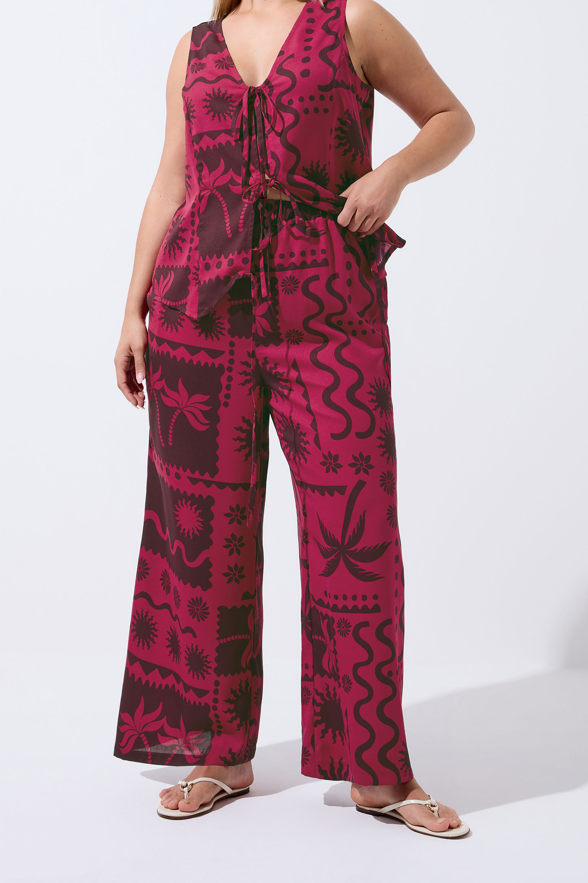 LIMITED COLLECITON Plus Size Berry Red Summer Print Wide Leg Trousers | Yours Clothing 1