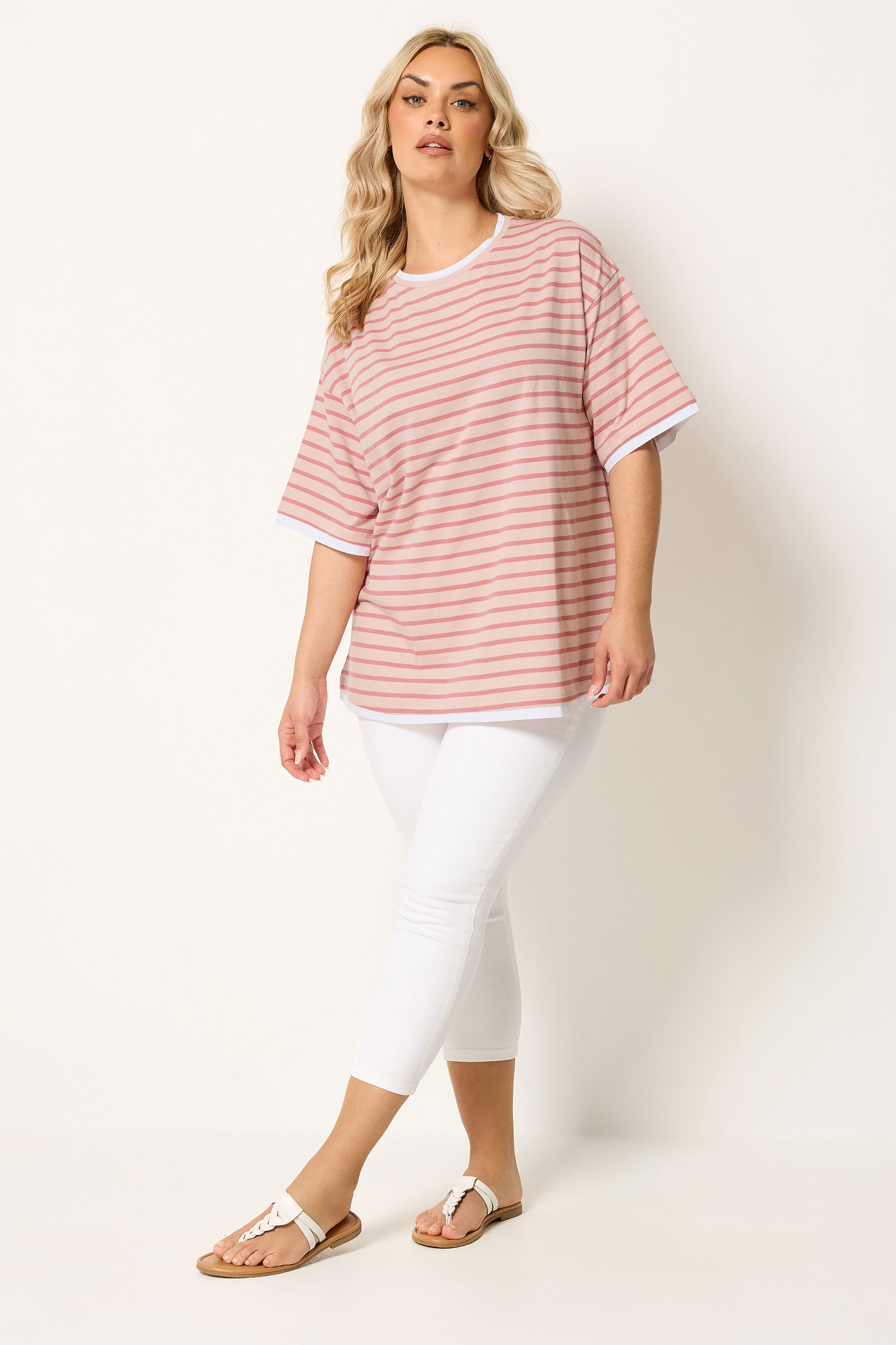 YOURS Plus Size Pink Stripe 2-In-1 Boxy T-Shirt | Yours Clothing 1