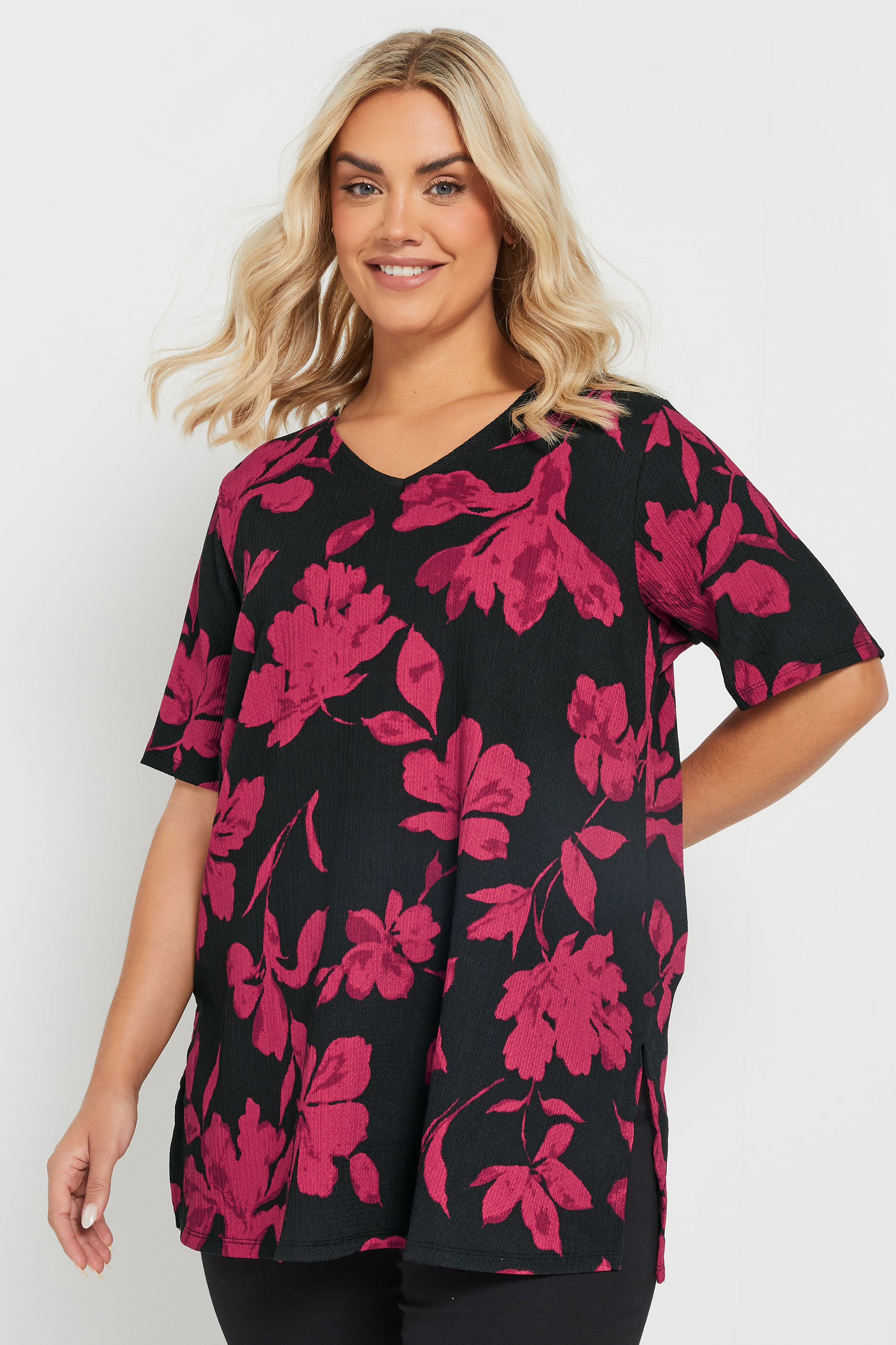 YOURS Plus Size Black Floral Print Textured Top | Yours Clothing 3