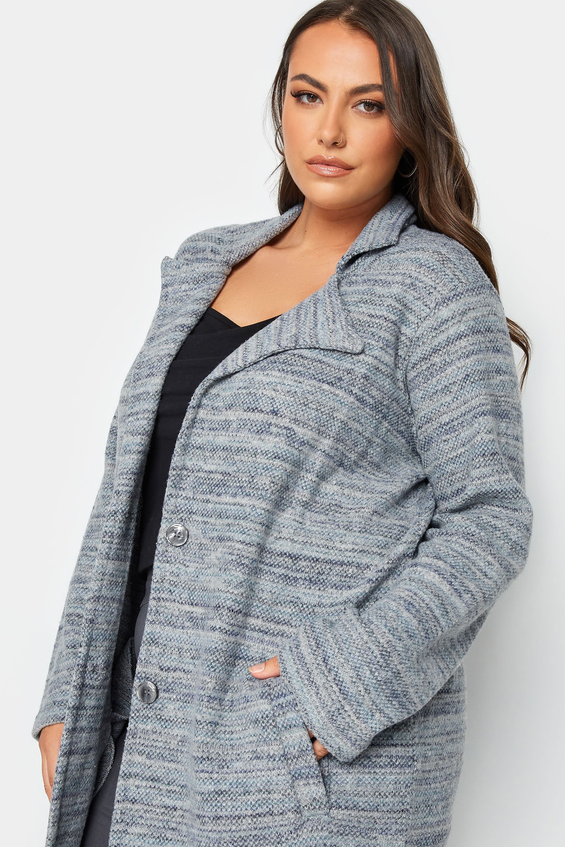 YOURS LUXURY Plus Size Blue Marl Button Front Midi Jacket | Yours Clothing 4