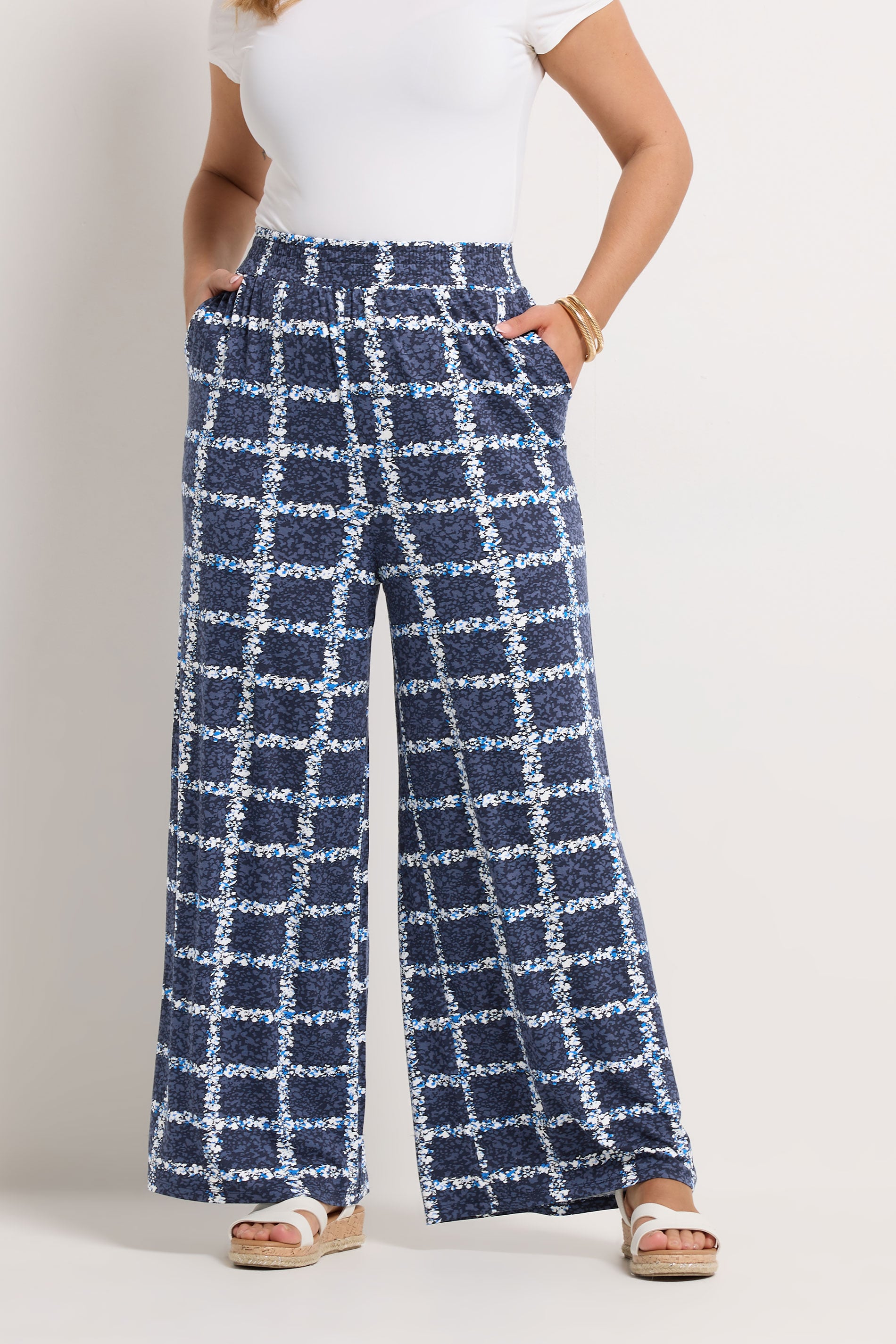 YOURS Plus Size Navy Blue Floral Check Trousers | Yours Clothing 1