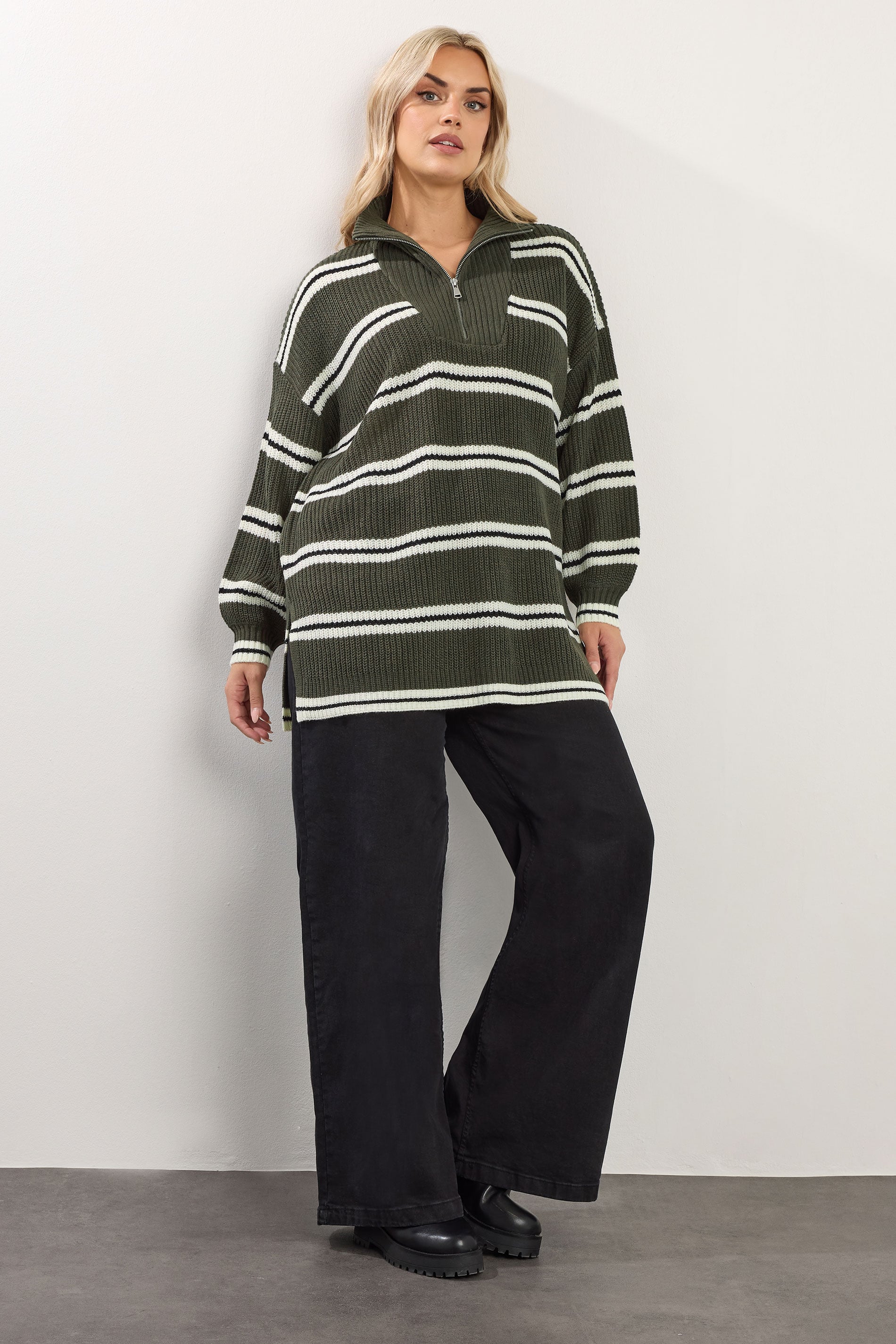 YOURS Plus Size Khaki Green Stripe Quarter Zip Jumper 1