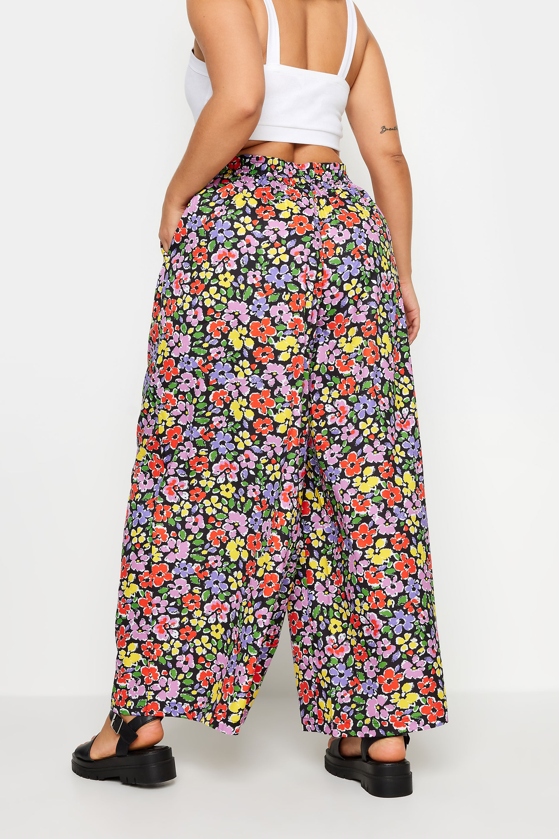 LIMITED COLLECTION Plus Size Black Ditsy Floral Print Drawstring Wide Leg Trousers | Yours Clothing 3