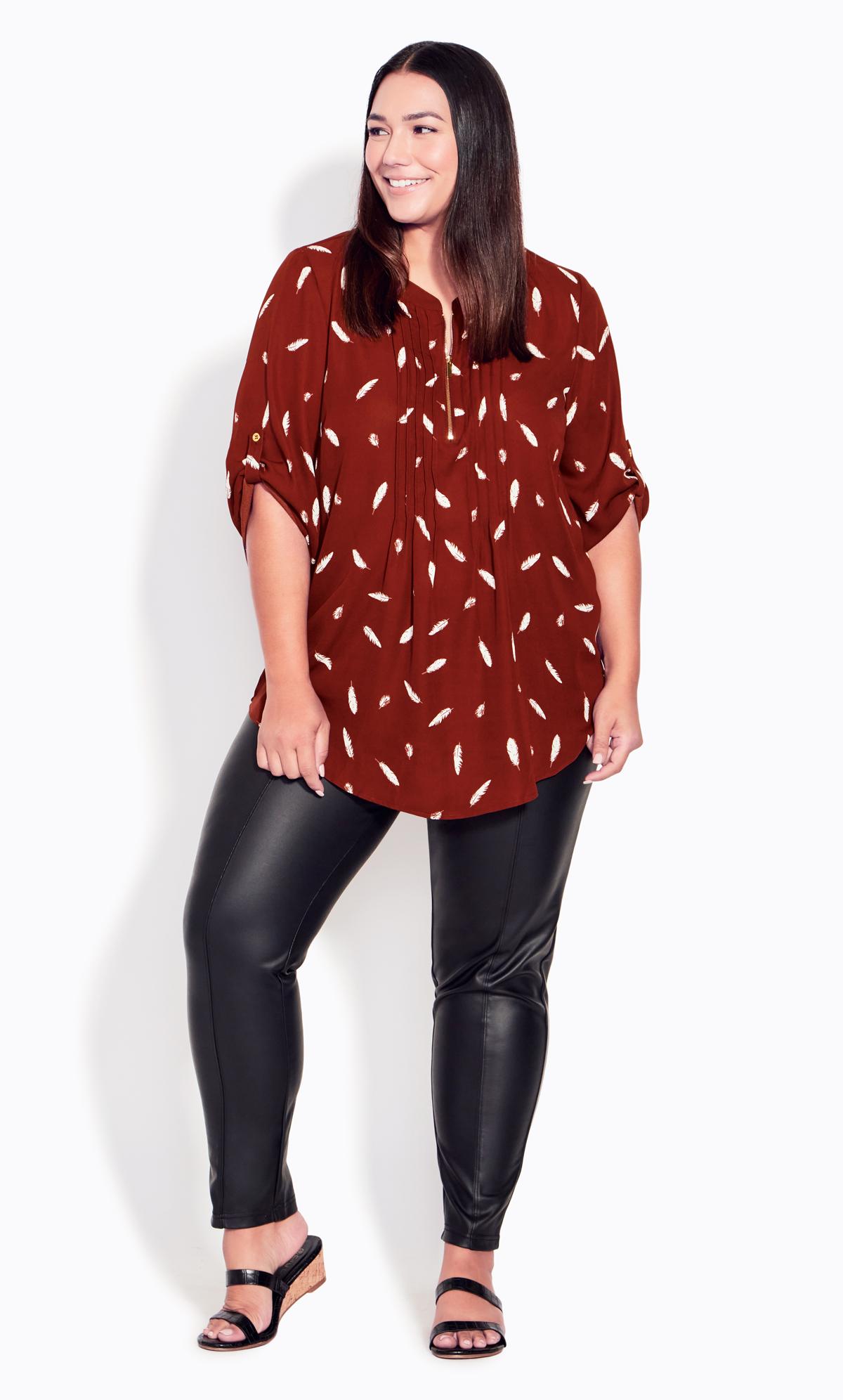 Avenue Burgundy Red Feather Print Zip Neck Shirt 2