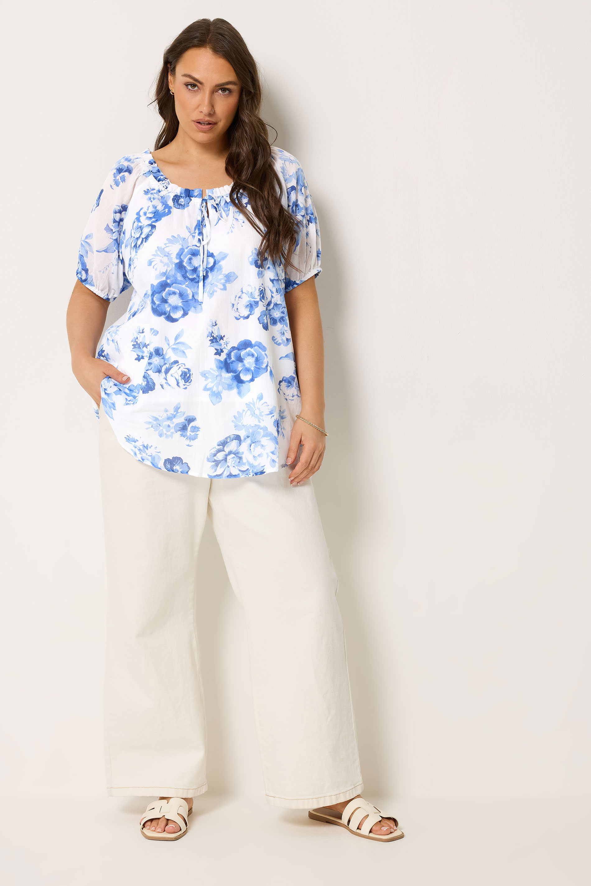 YOURS Plus Size Blue Floral Tie Neck Top | Yours Clothing 1
