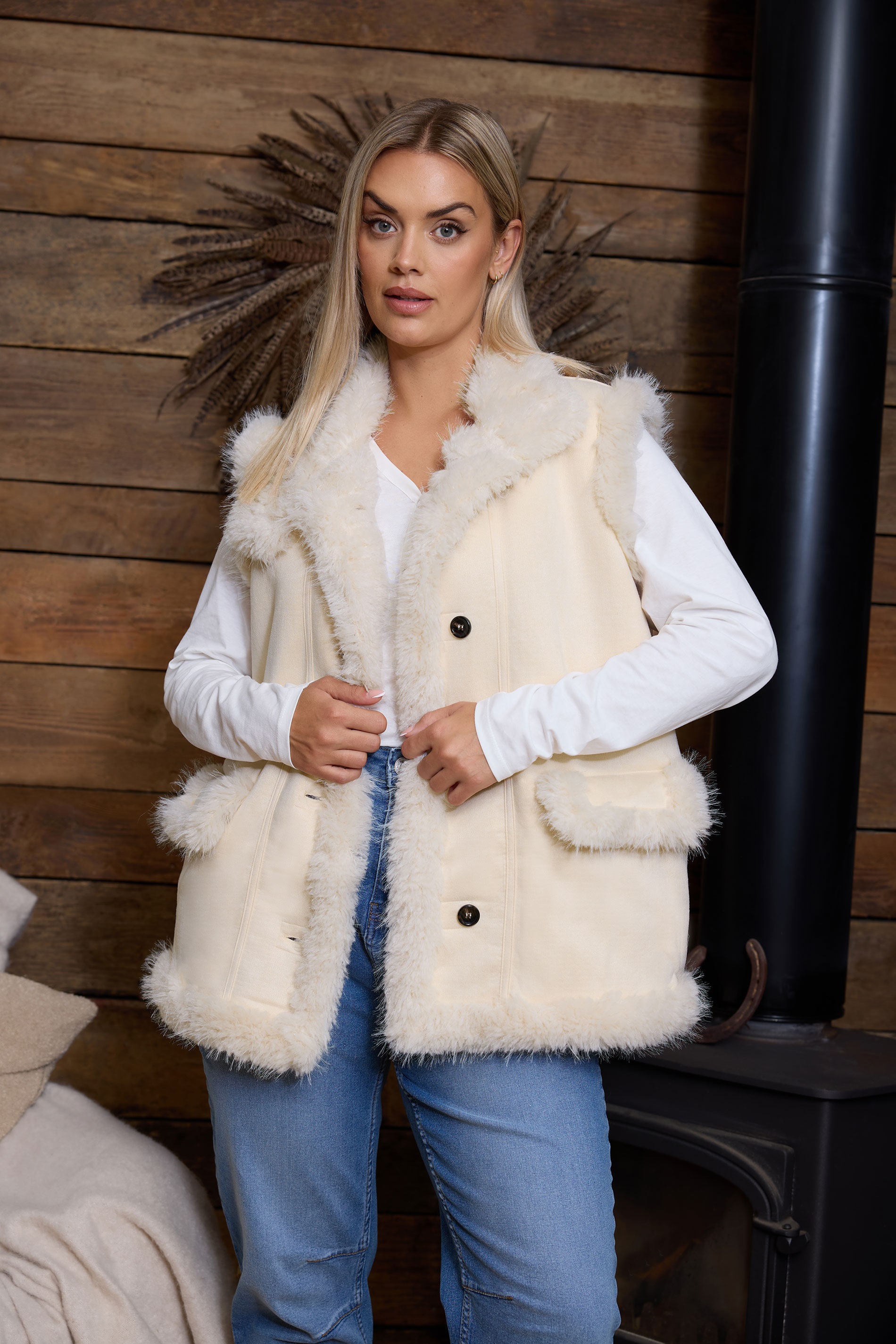 YOURS Plus Size Ivory White Shaggy Faux Fur Gilet | Yours Clothing 1