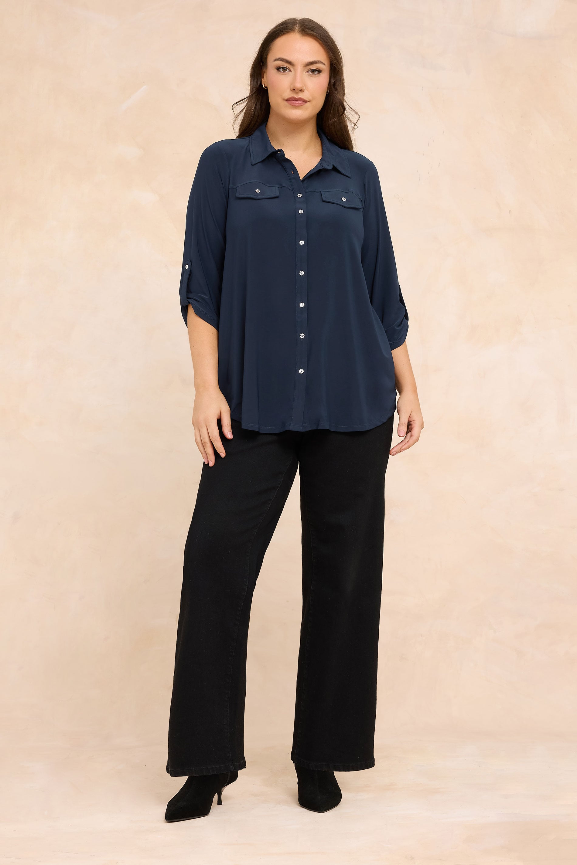 EVANS Plus Size Navy Blue Tab Sleeve Blouse | Evans  1