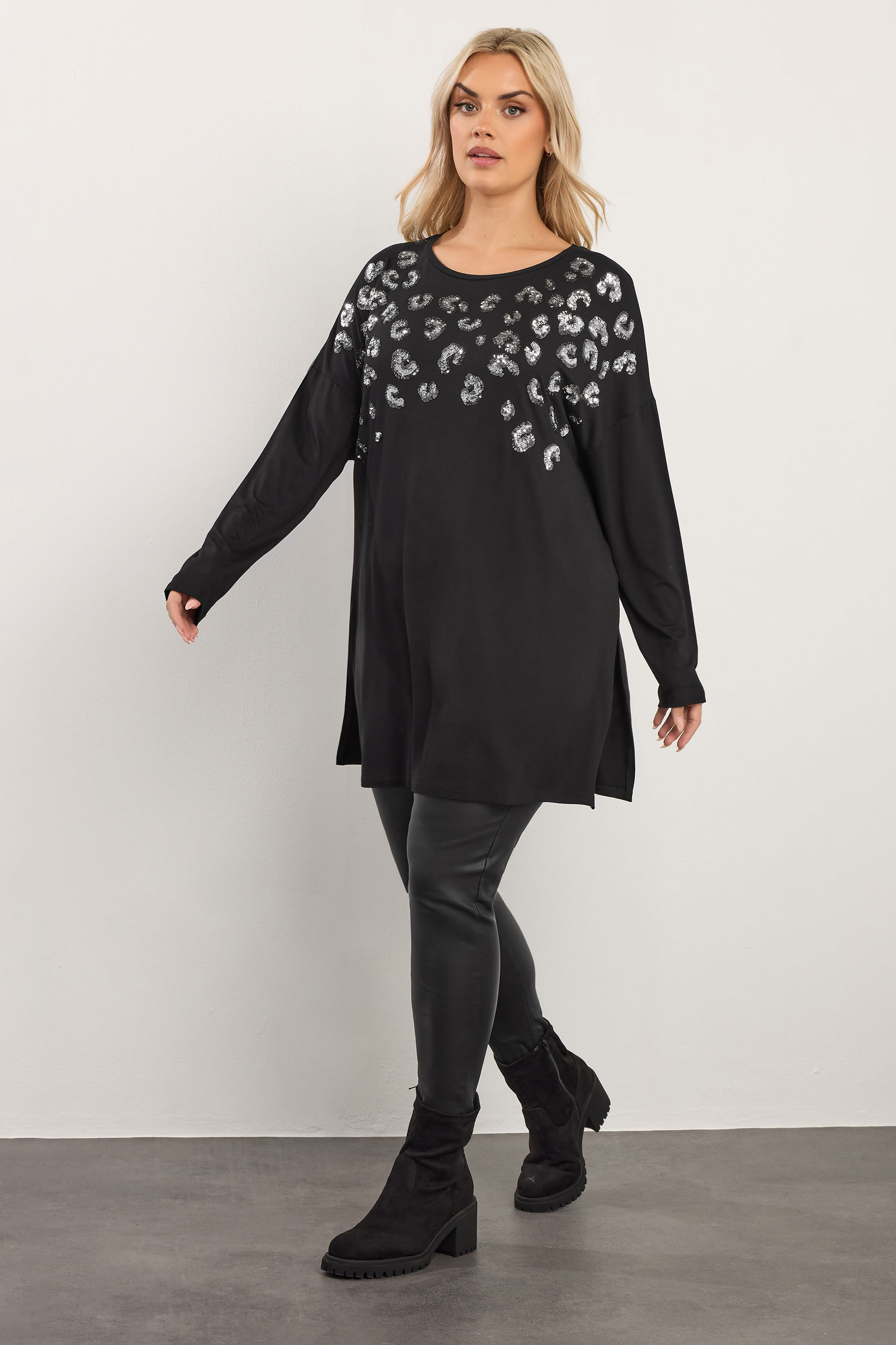YOURS Plus Size Black Leopard Sequin Long Sleeve Top | Yours Clothing 1
