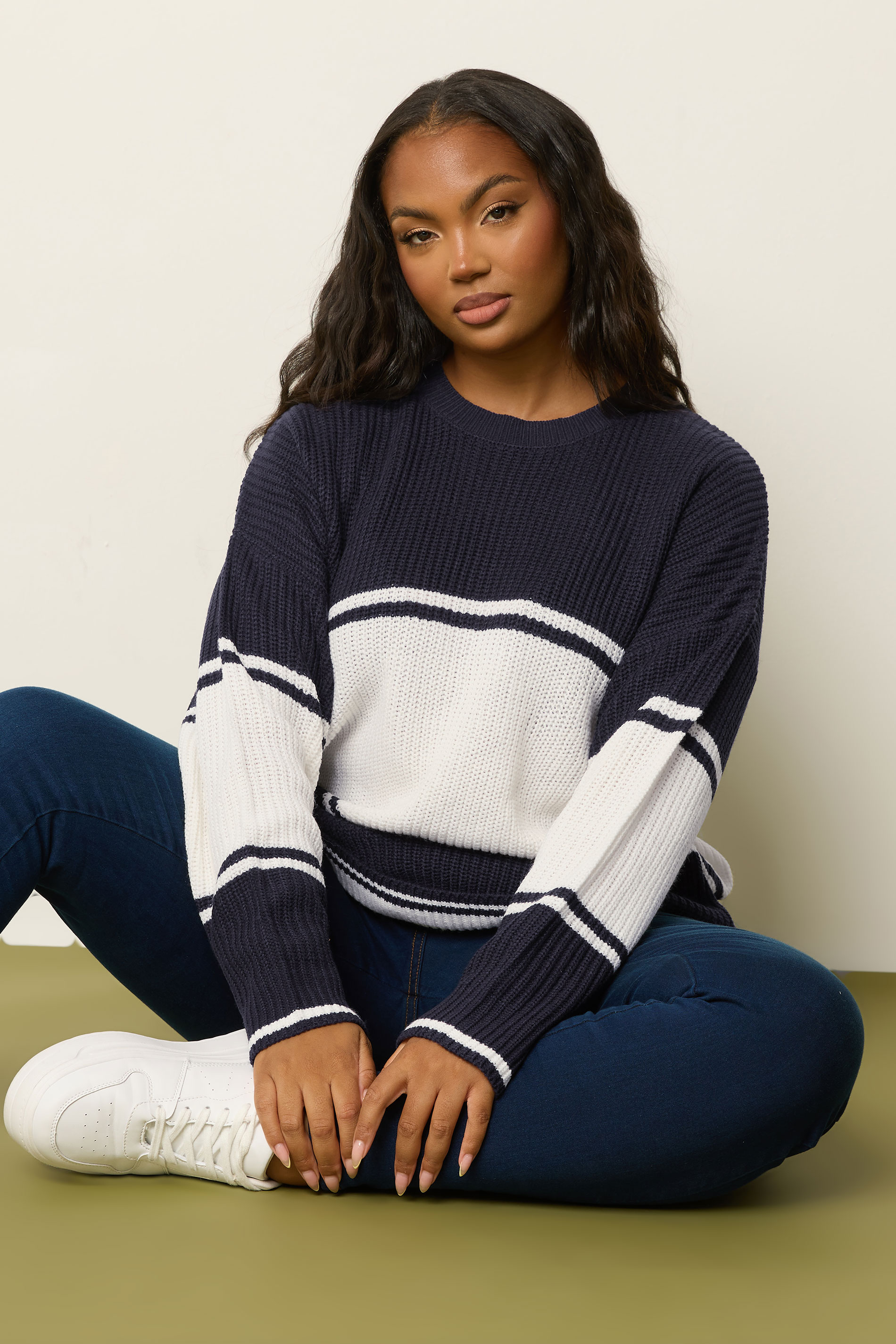 YOURS Plus Size Navy Blue Stripe Knitted Jumper | Yours Clothing 1