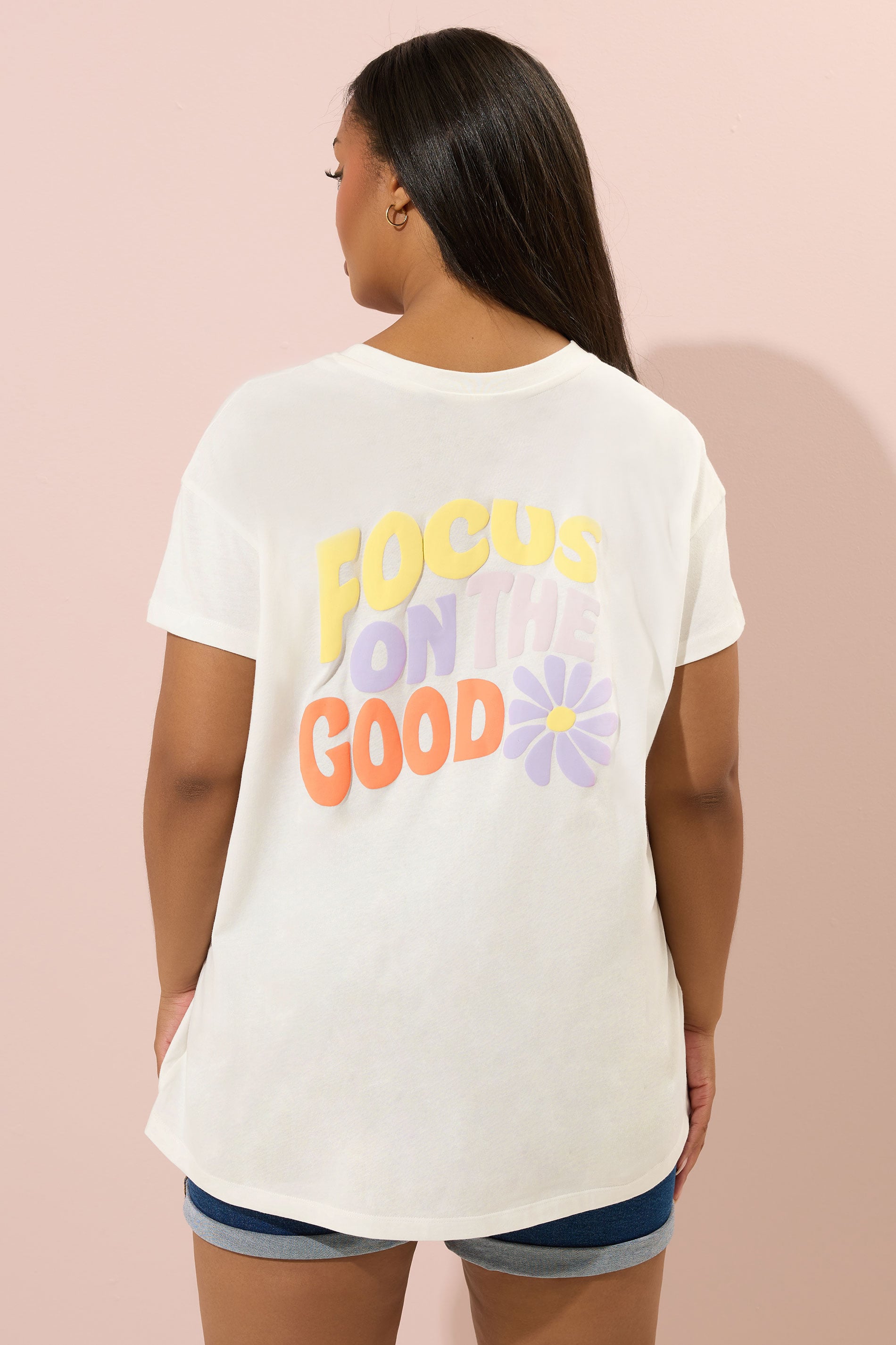 YOURS Plus Size Ivory White 'Focus On The Good' Graphic Back Print T-Shirt | Yours Clothing 3