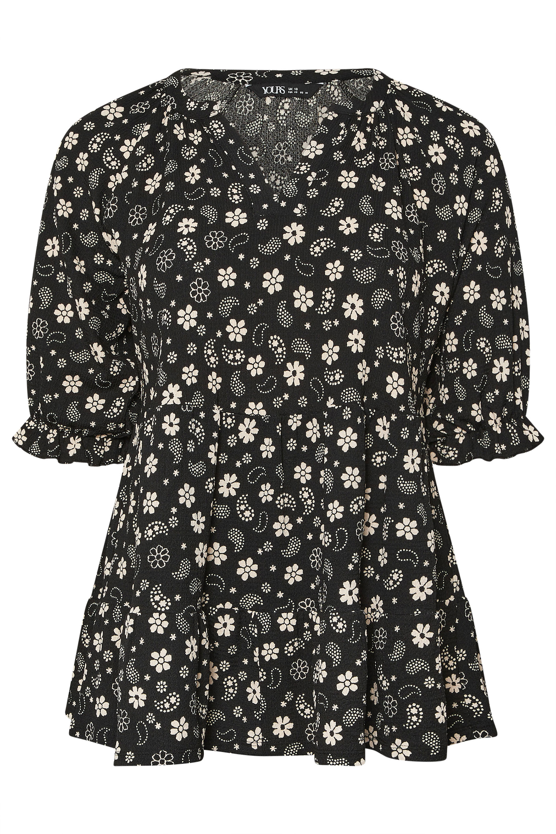 YOURS Plus Size Black Floral Paisley Print Tiered Top | Yours Clothing 5