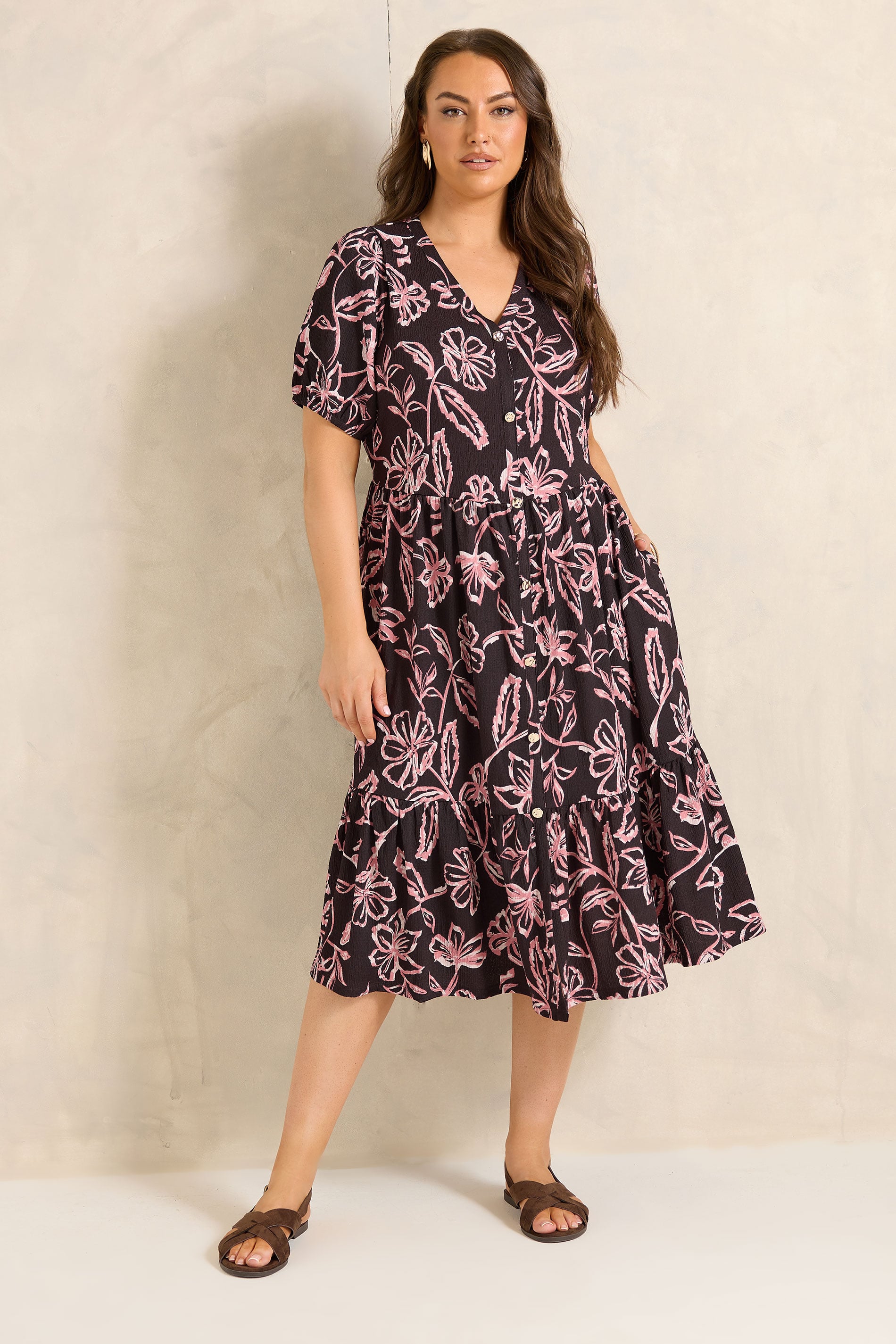Evans Women's Brown Plus Chocolate Floral Tiered Dress Size 30-32