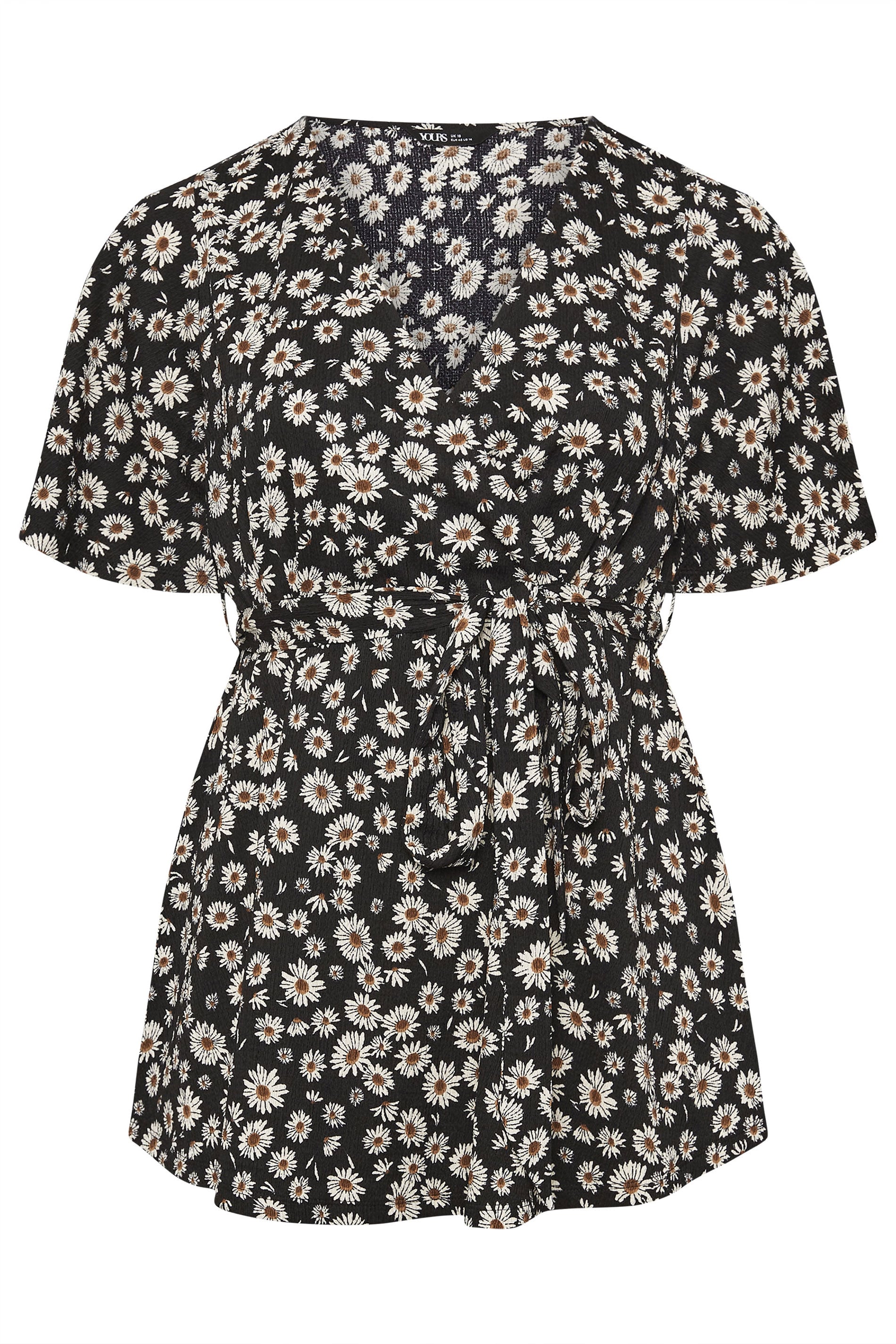 YOURS Plus Size Black Daisy Print Textured Wrap Top | Yours Clothing 6