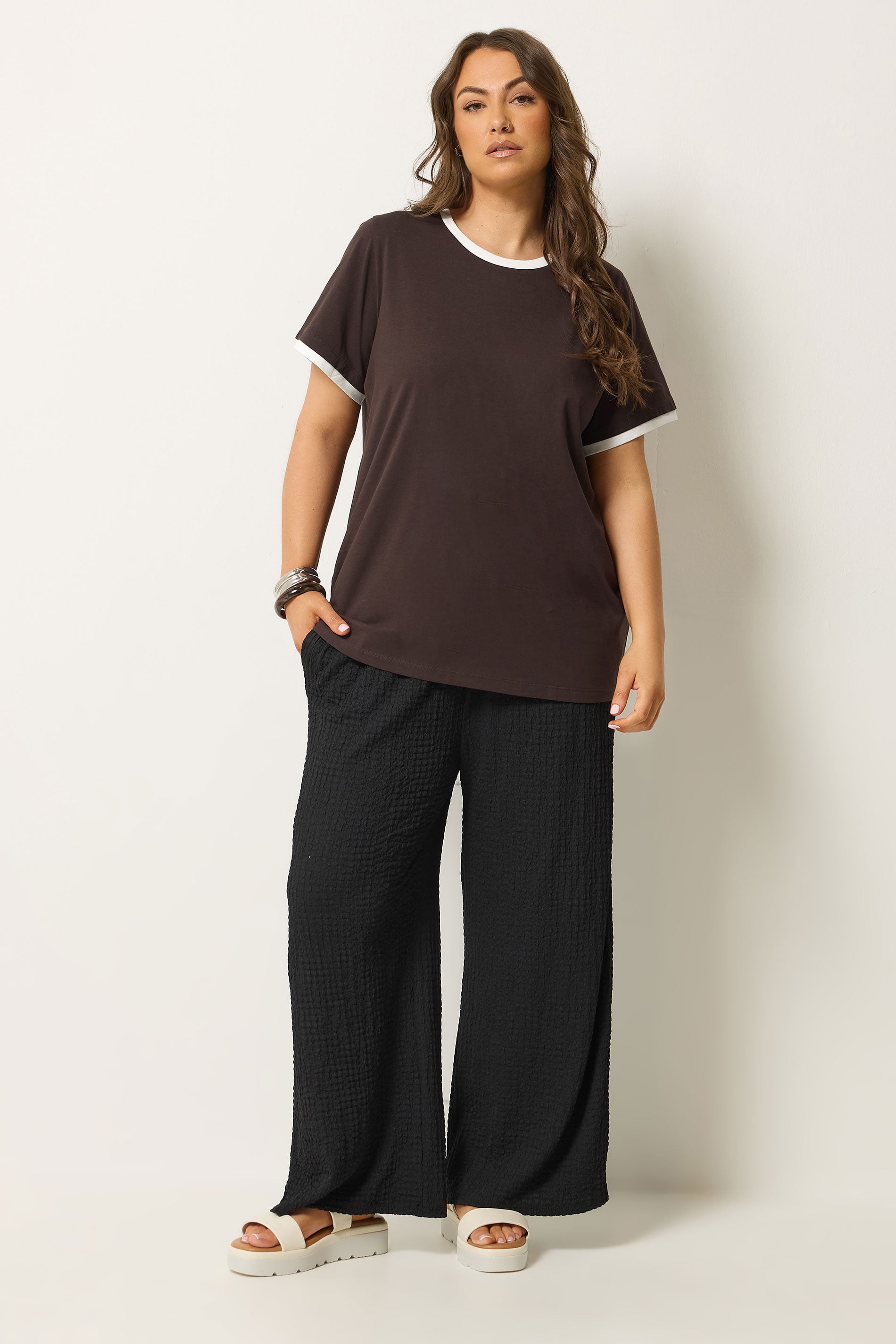 YOURS Plus Size Chocolate Brown Contrast Trim T-Shirt | Yours Clothing 1