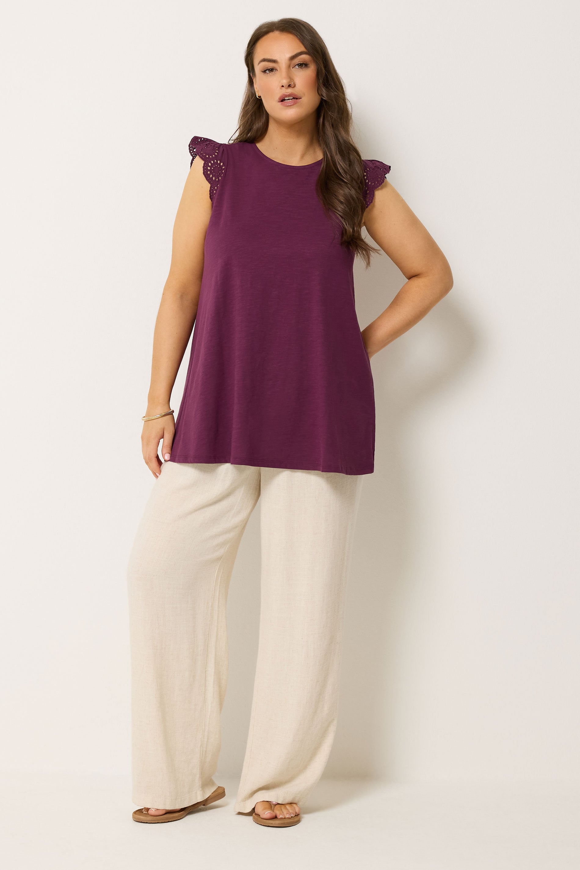 YOURS Plus Size Purple Broderie Frill Vest Top | Yours Clothing 1