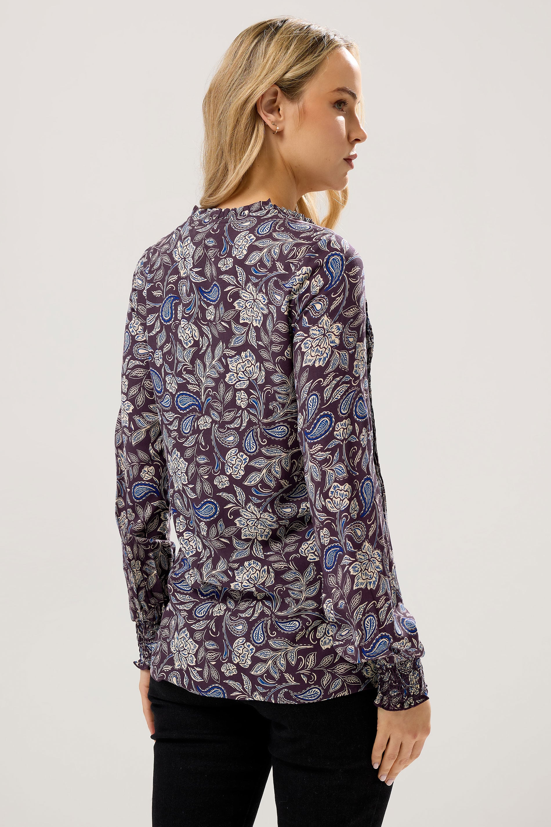 LTS Tall Purple Floral Tie Neck Pintuck Blouse | Long Tall Sally 2