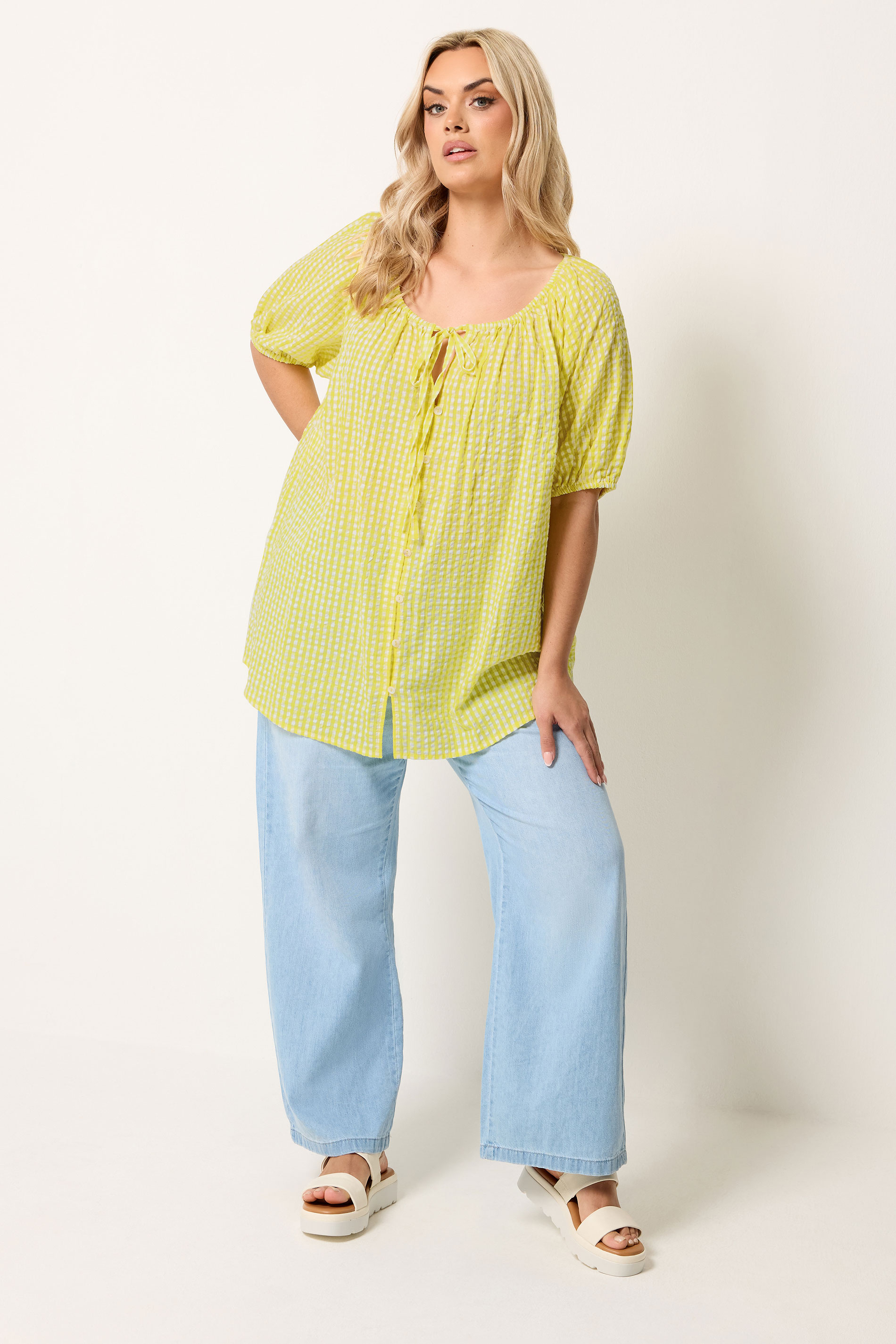 YOURS Plus Size Yellow Gingham Puff Sleeve Blouse | Yours Clothing 1