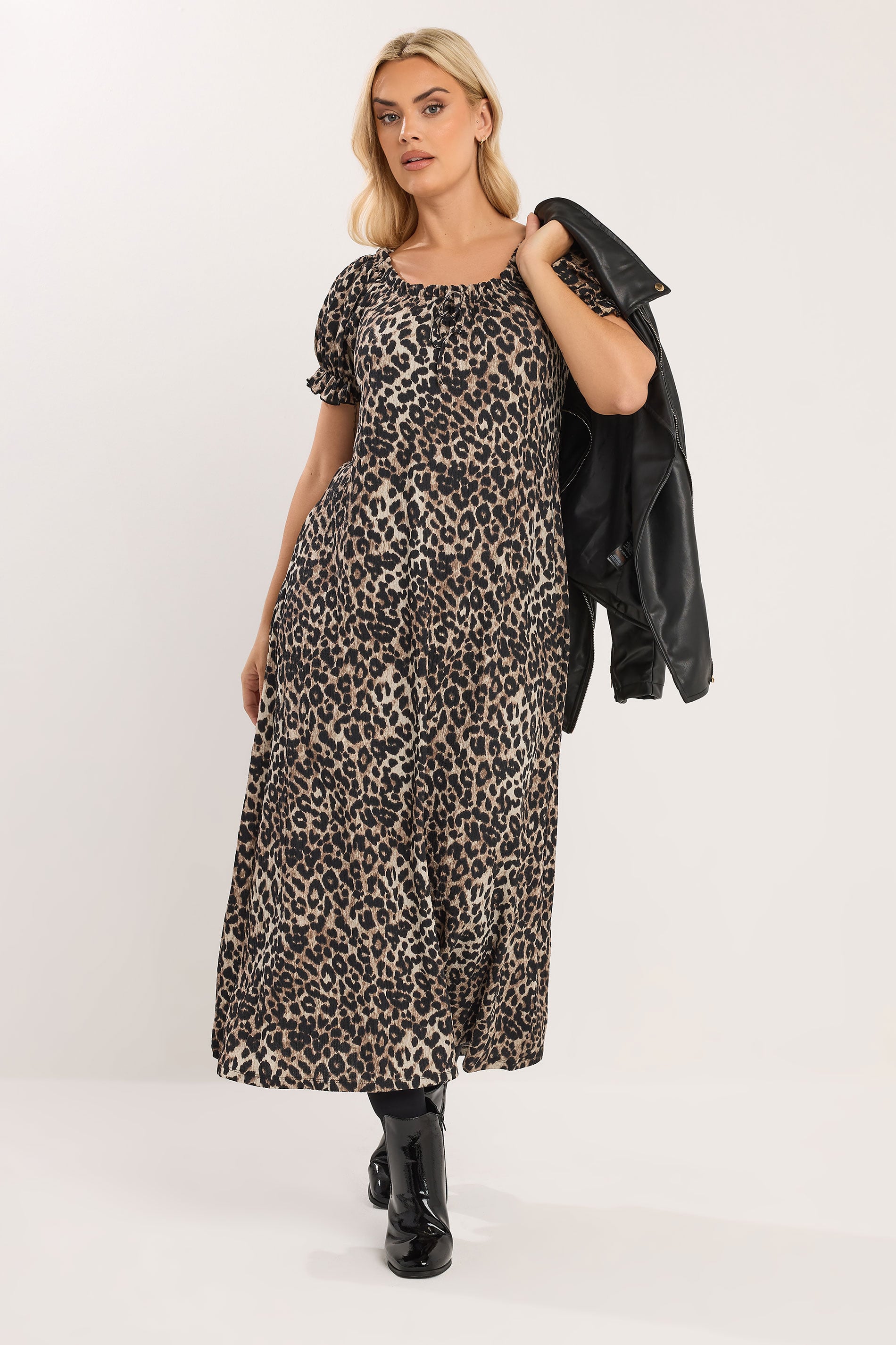 YOURS Plus Size Beige Brown Leopard Print Textured Maxi Dress | Yours Clothing 3