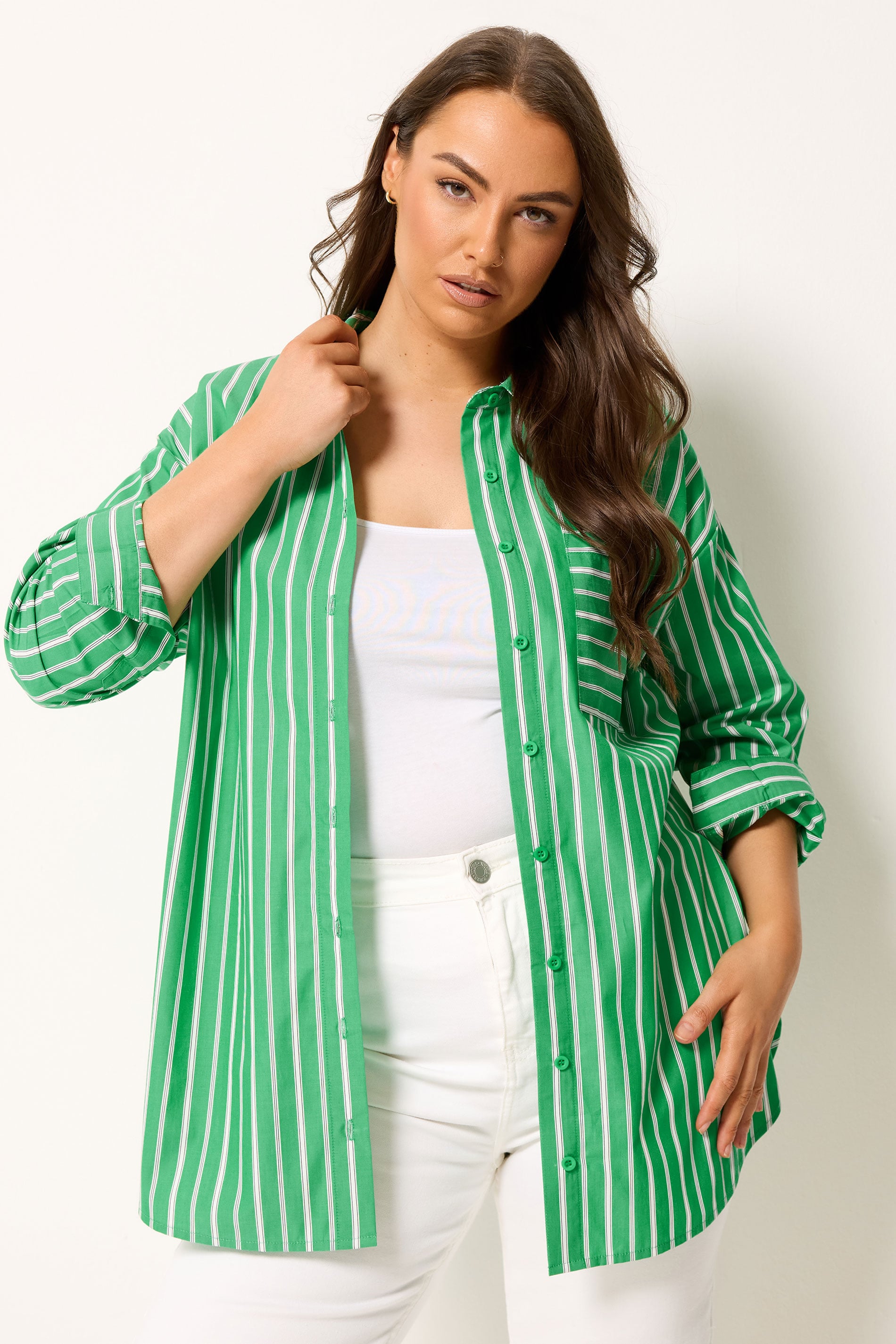 YOURS Plus Size Green & White Striped Shirt | Yours Clothing 3