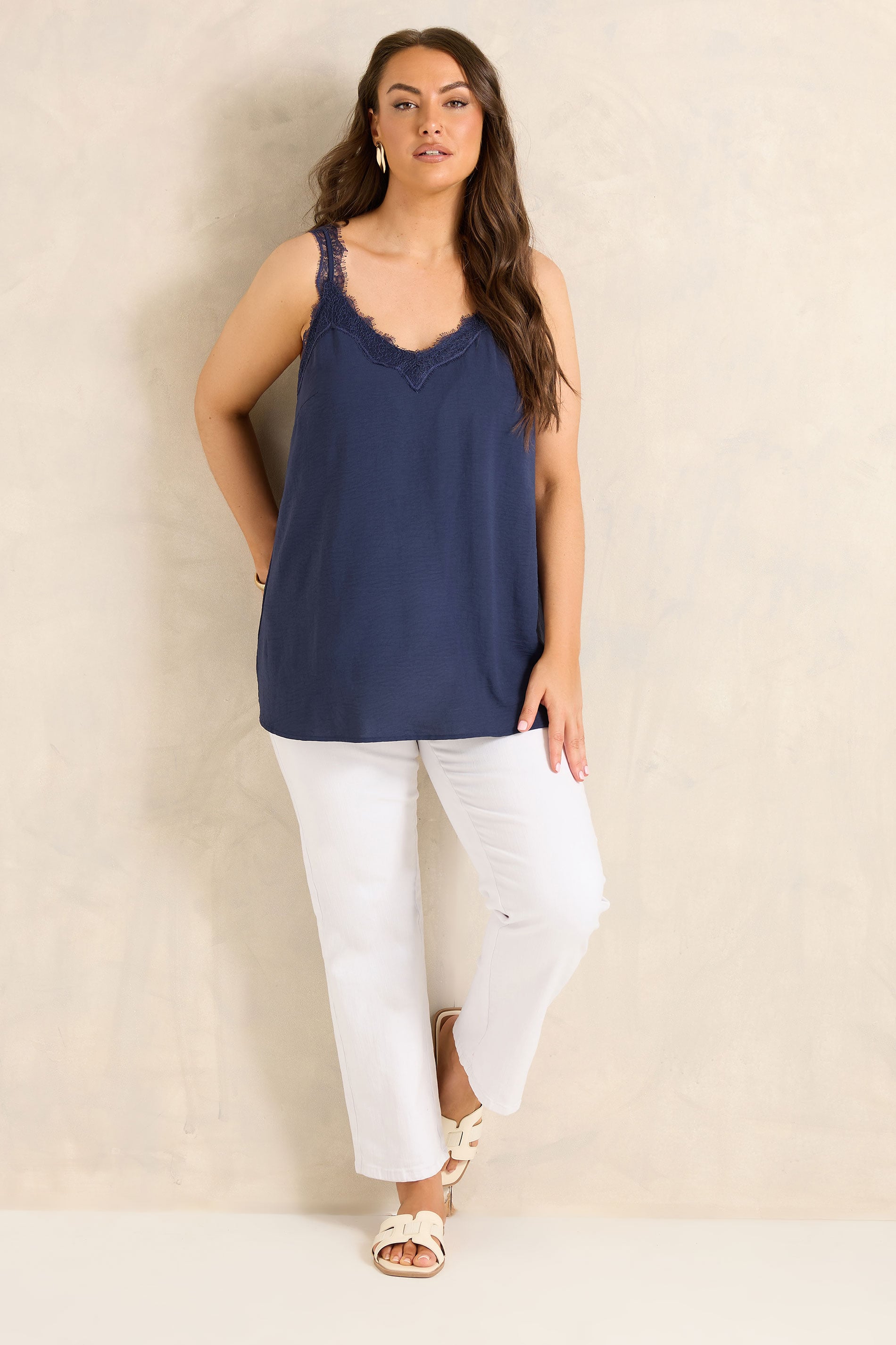EVANS Curve Navy Blue Lace Trim Cami Vest Top | Evans 1