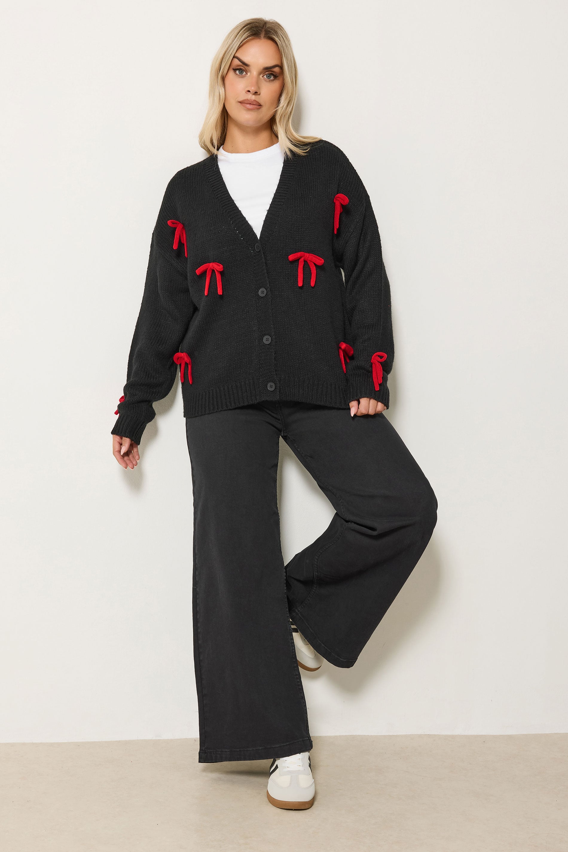 YOURS Plus Size Black Bow Detail Knitted Cardigan | Yours Clothing 1