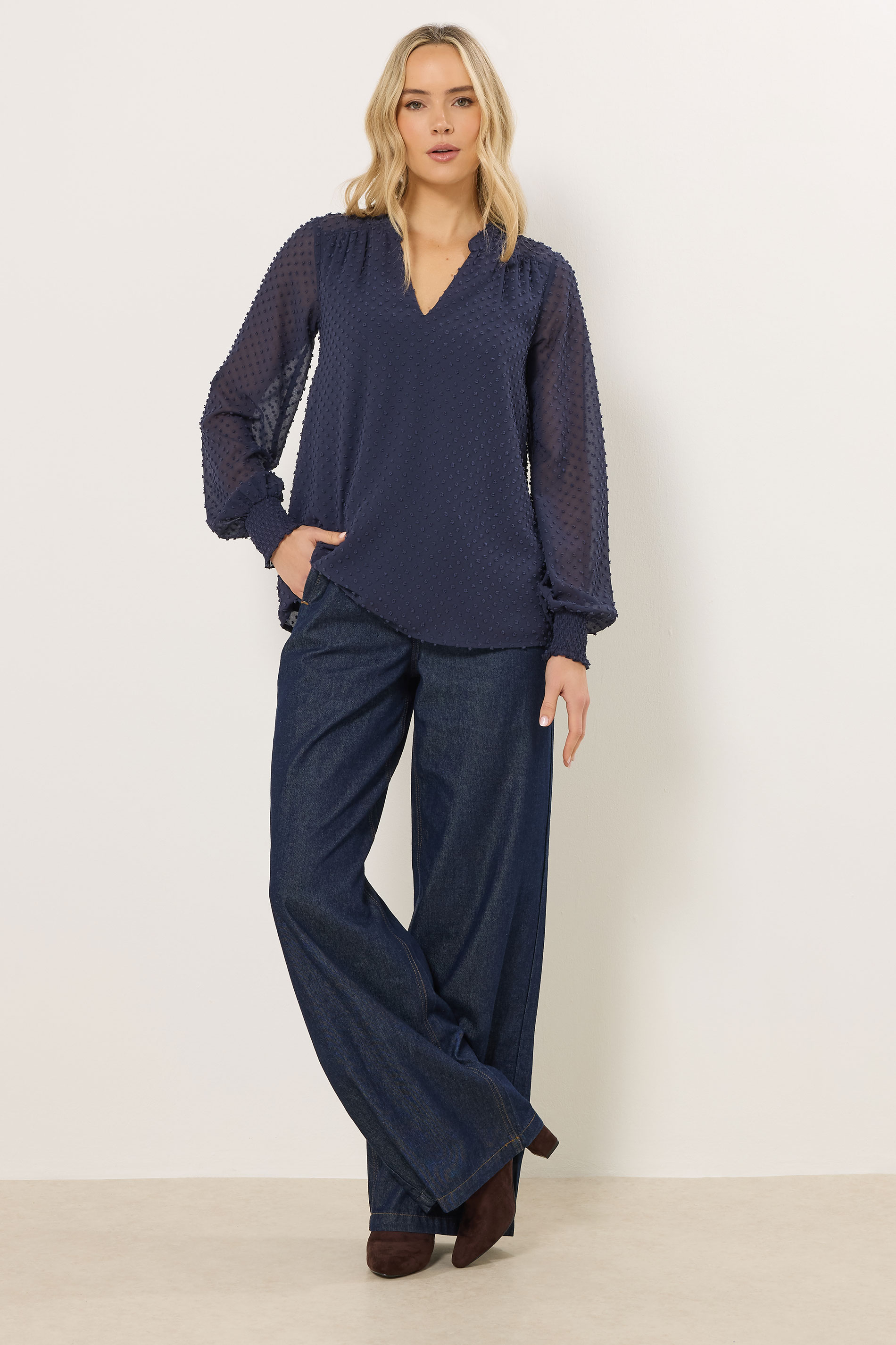 LTS Tall Women's Navy Blue Dobby Spot Shirred Cuff Top | Long Tall Sally 1