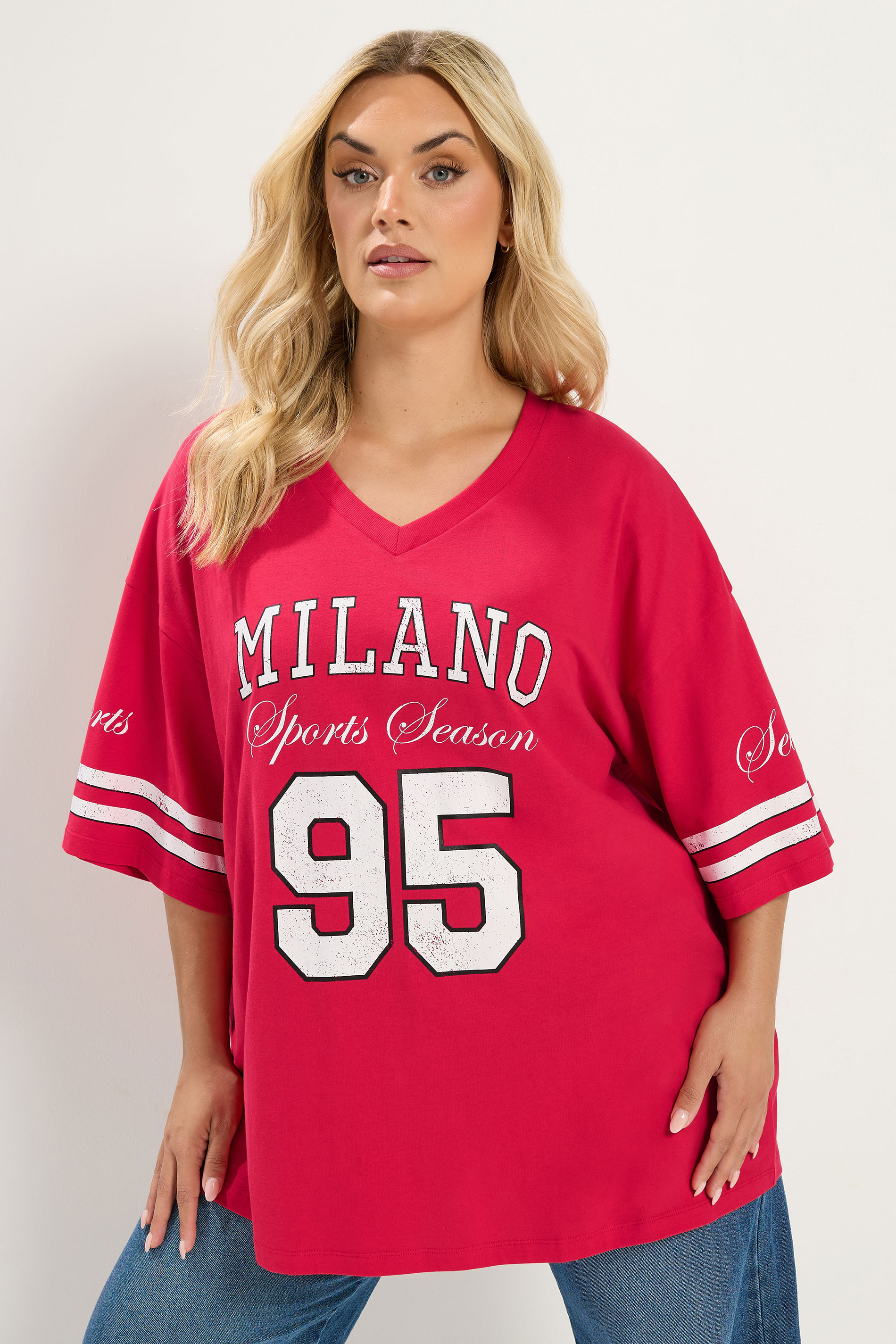 YOURS Plus Size Red 'Milano' Boxy Varsity T-Shirt | Yours Clothing 1