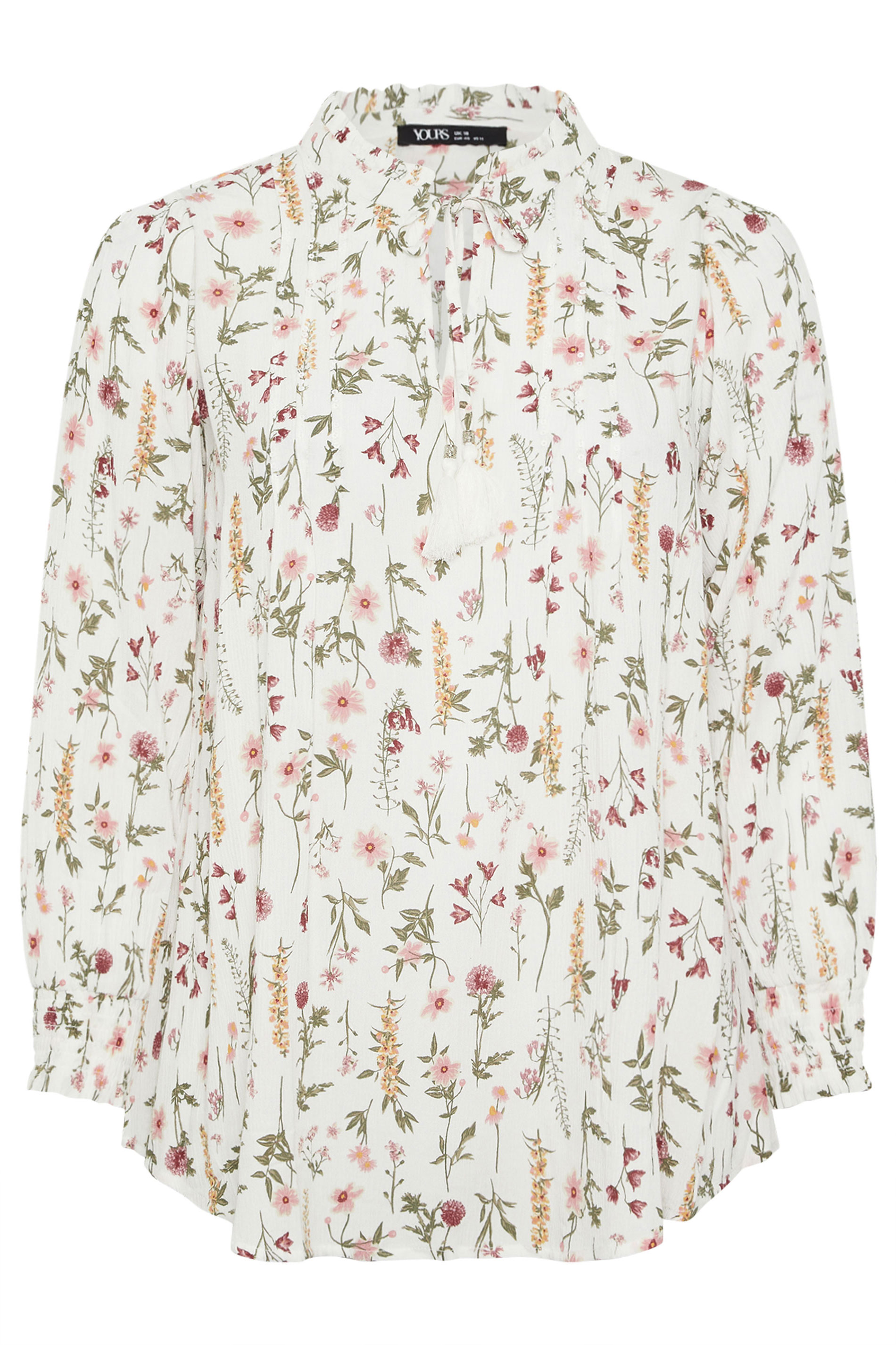 YOURS Plus Size Ivory White Floral Sequin Embellished Tie Neck Blouse 6