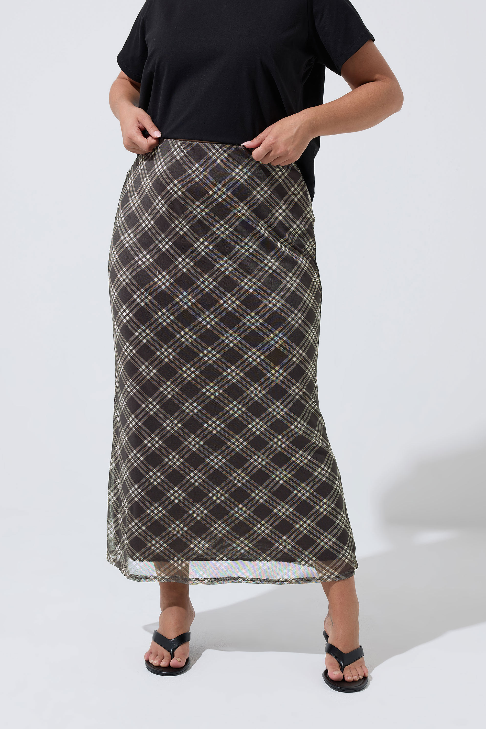 LIMITED COLLECTION Plus Size Brown Checked Mesh Skirt | Yours Clothing 2