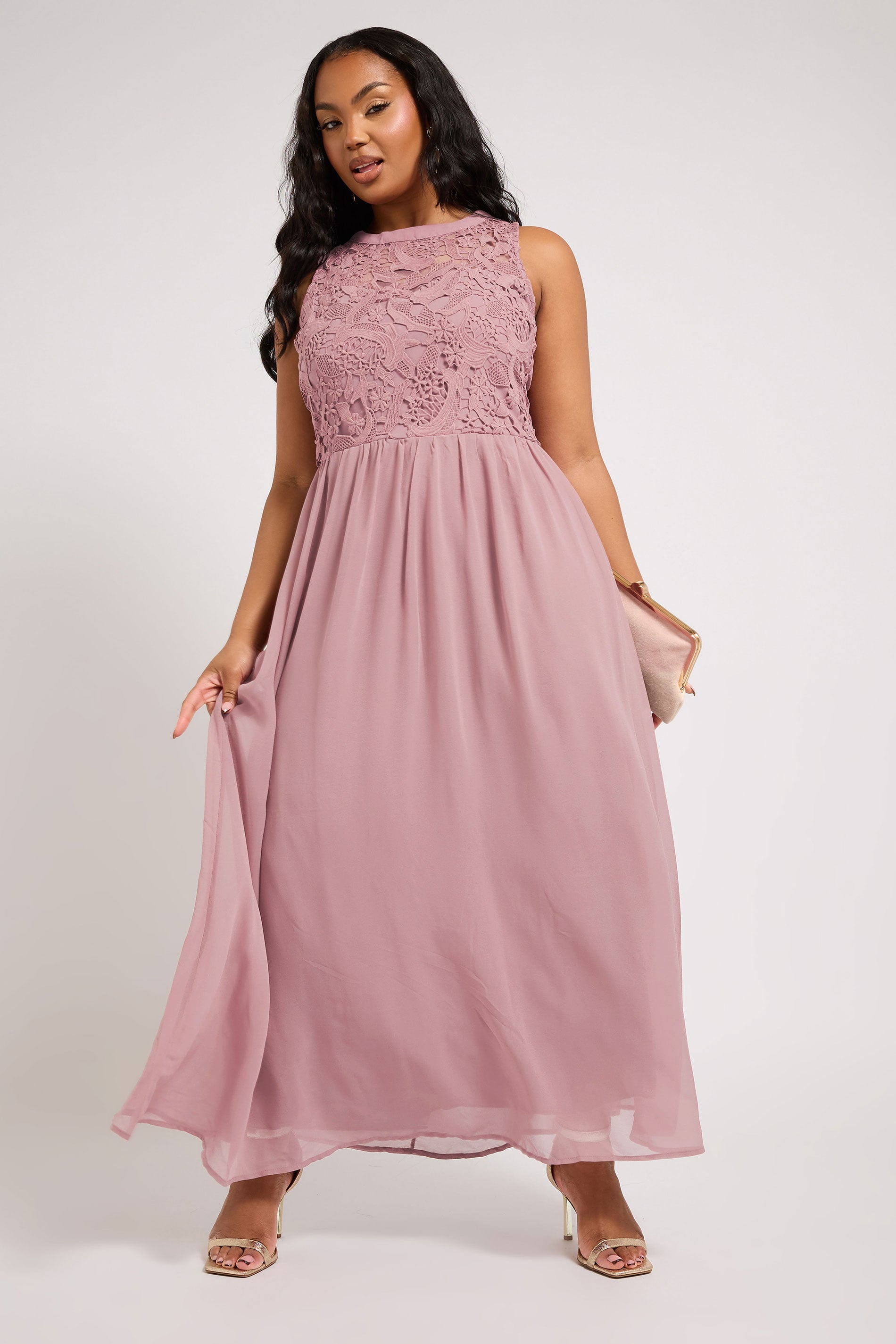 Plus Size YOURS LONDON Curve Pink Lace Front Chiffon Maxi Bridesmaid Dress | Yours Clothing  3