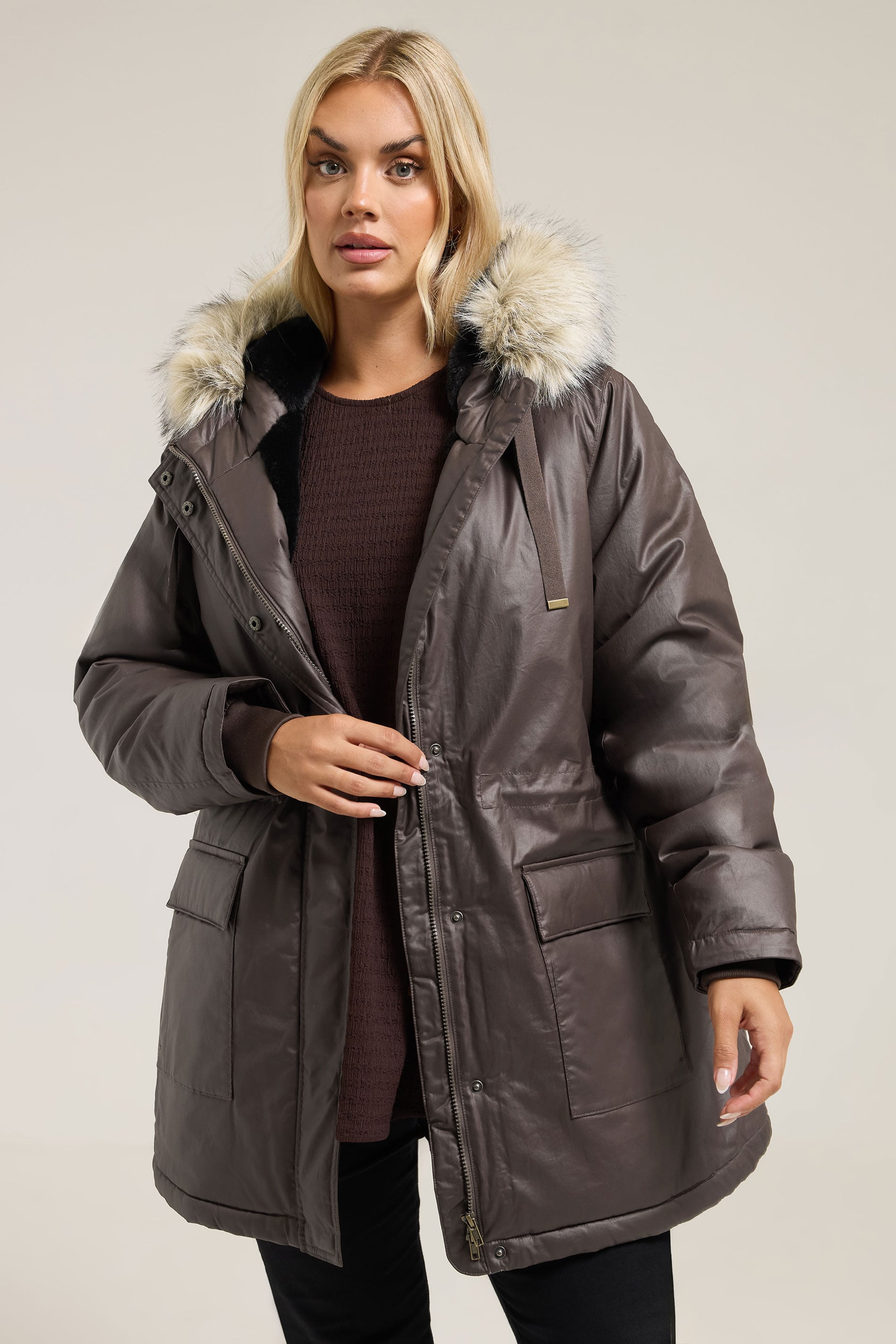 YOURS Plus Size Brown Waxed Faux Fur Trim Parka Coat | Yours Clothing 3