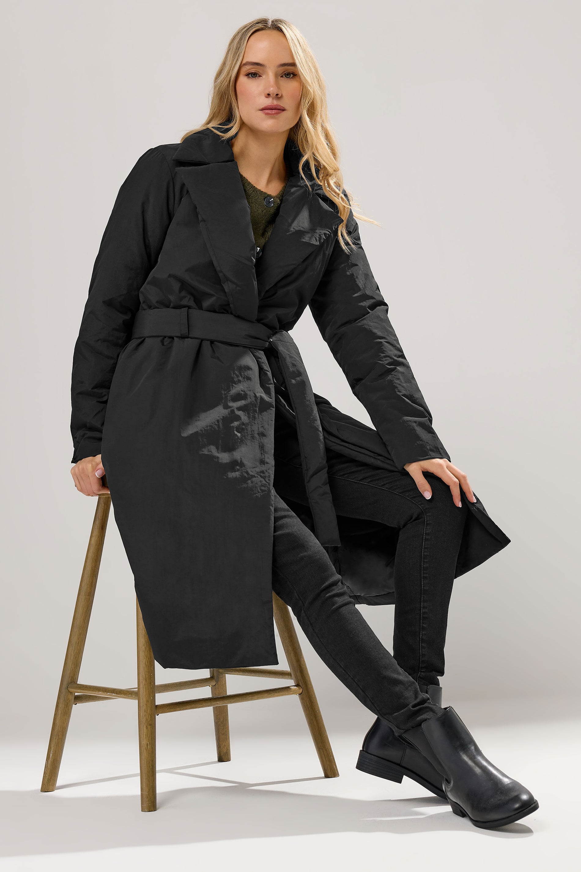 LTS Tall Black Belted Padded Midi Coat | Long Tall Sally 1