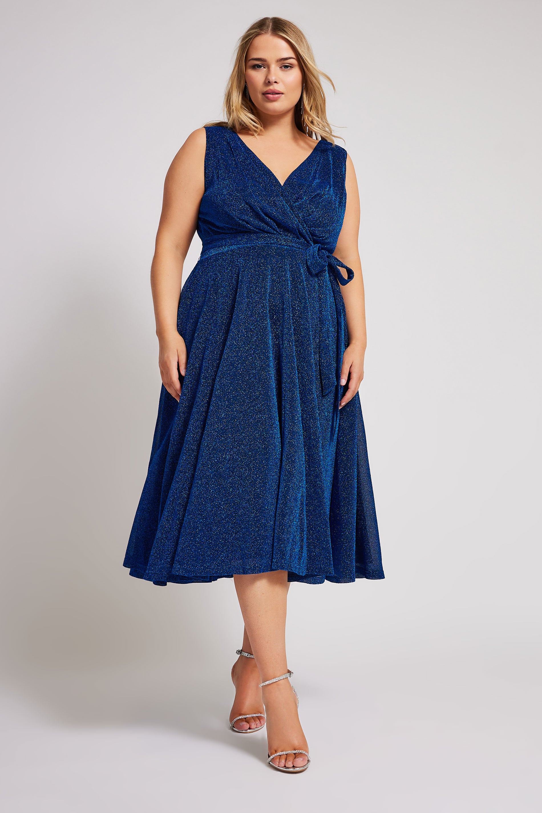 YOURS LONDON Plus Size Blue Metallic Wrap Skater Dress | Yours Clothing 2