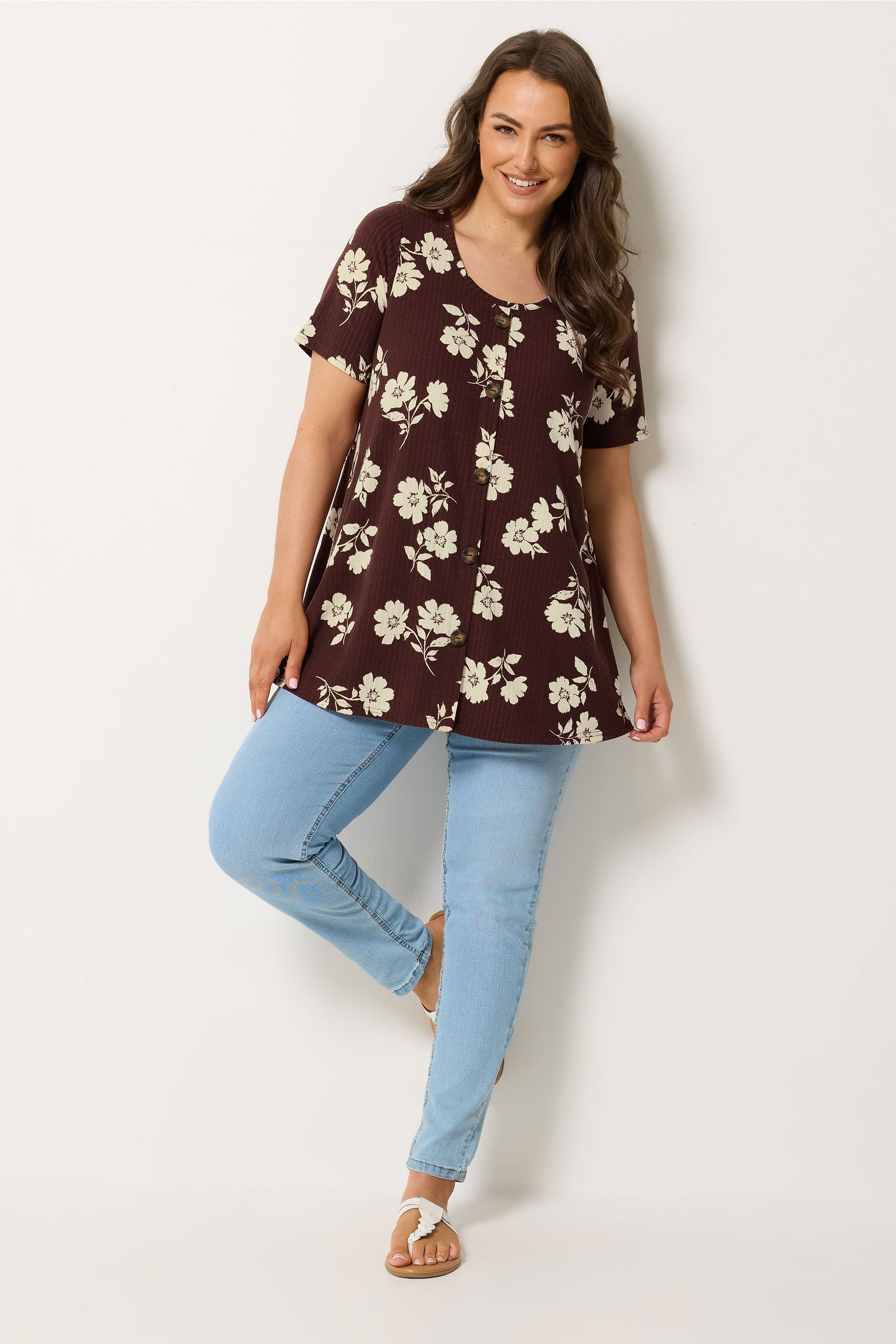 YOURS Plus Size Brown Floral Button Front Ribbed Swing Top | Yours Clothing 1