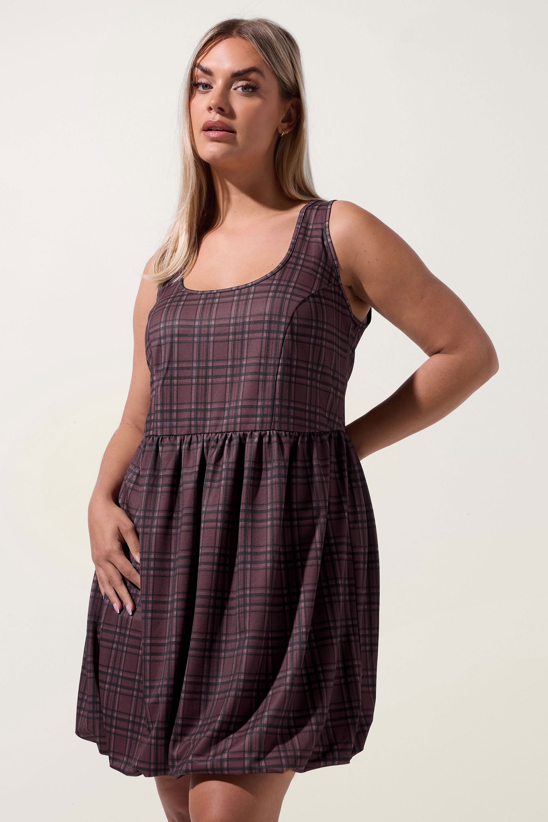 LIMITED COLLECTION Plus Size Burgundy Red Check Puffball Mini Dress | Yours Clothing 3