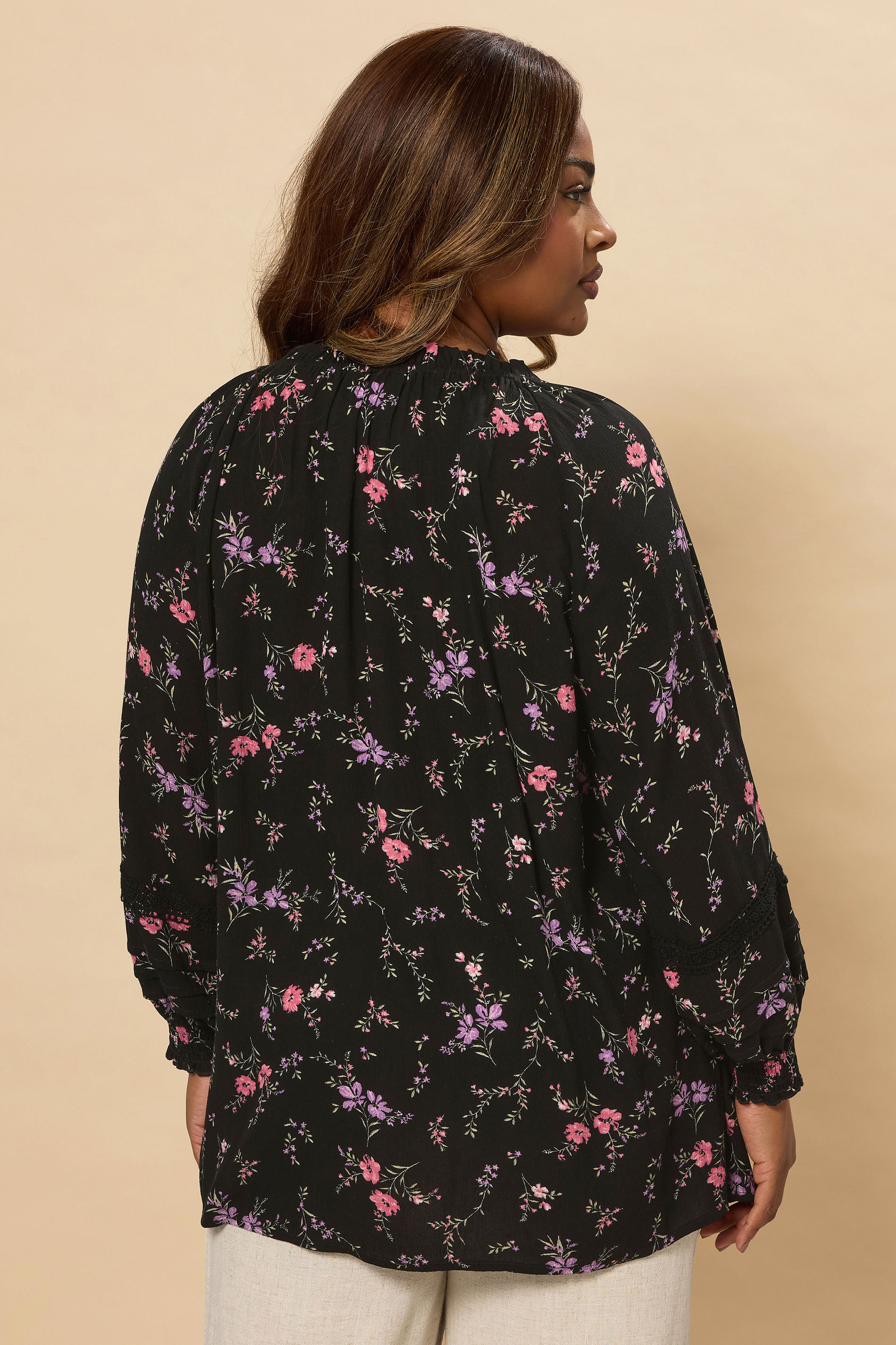YOURS Plus Size Black Ditsy Floral Tie Neck Top | Yours Clothing 2