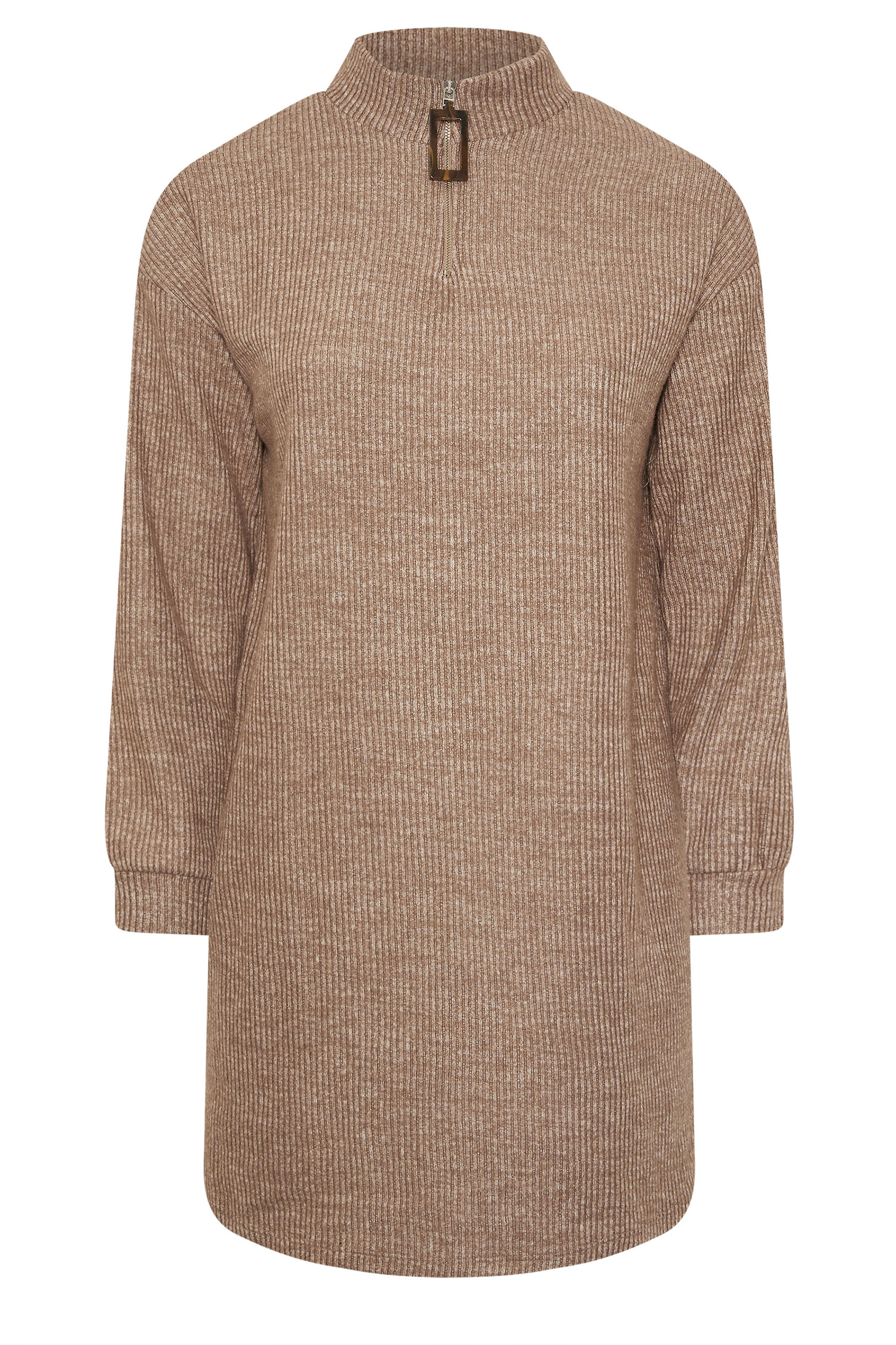 YOURS Plus Size Natural Brown Ribbed Quarter Zip Jumper Dress | Yours Clothing 5