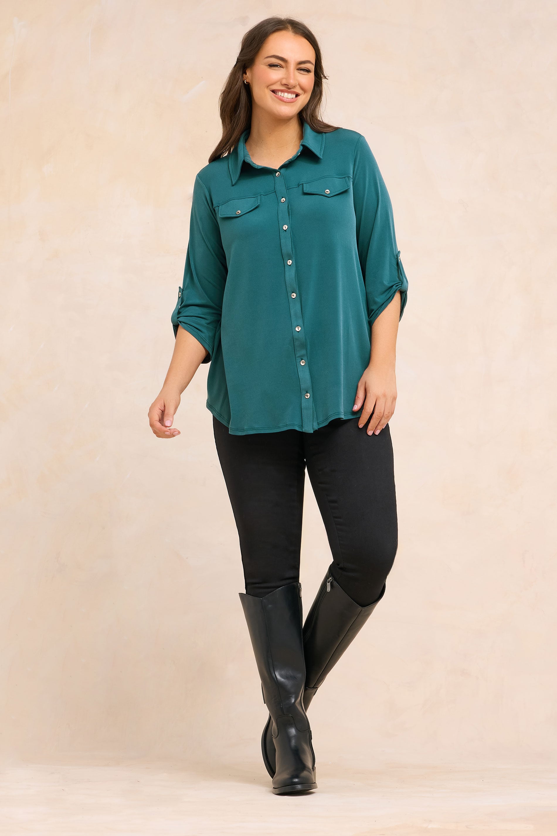 EVANS Plus Size Teal Blue Tab Sleeve Blouse | Evans  1