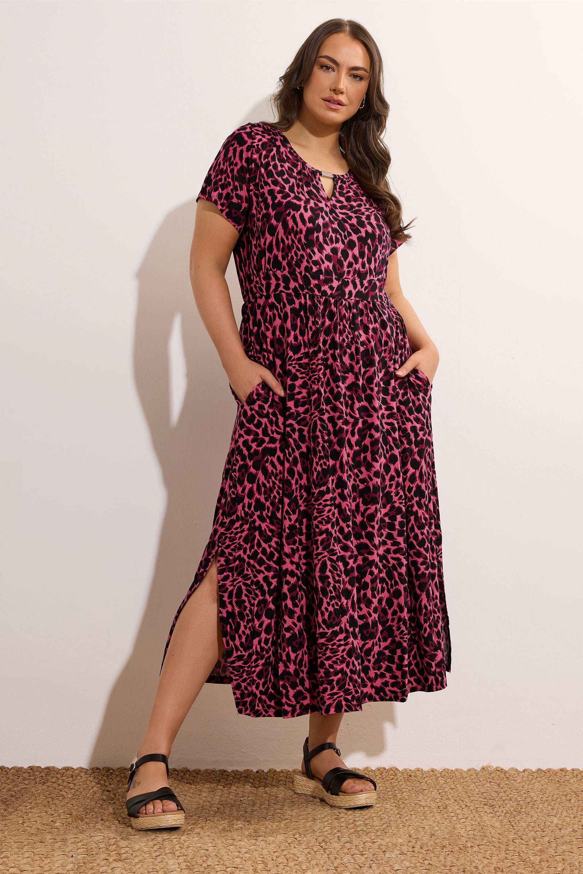 EVANS Plus Size Pink Leopard Print Metal Trim Midaxi Dress | Evans