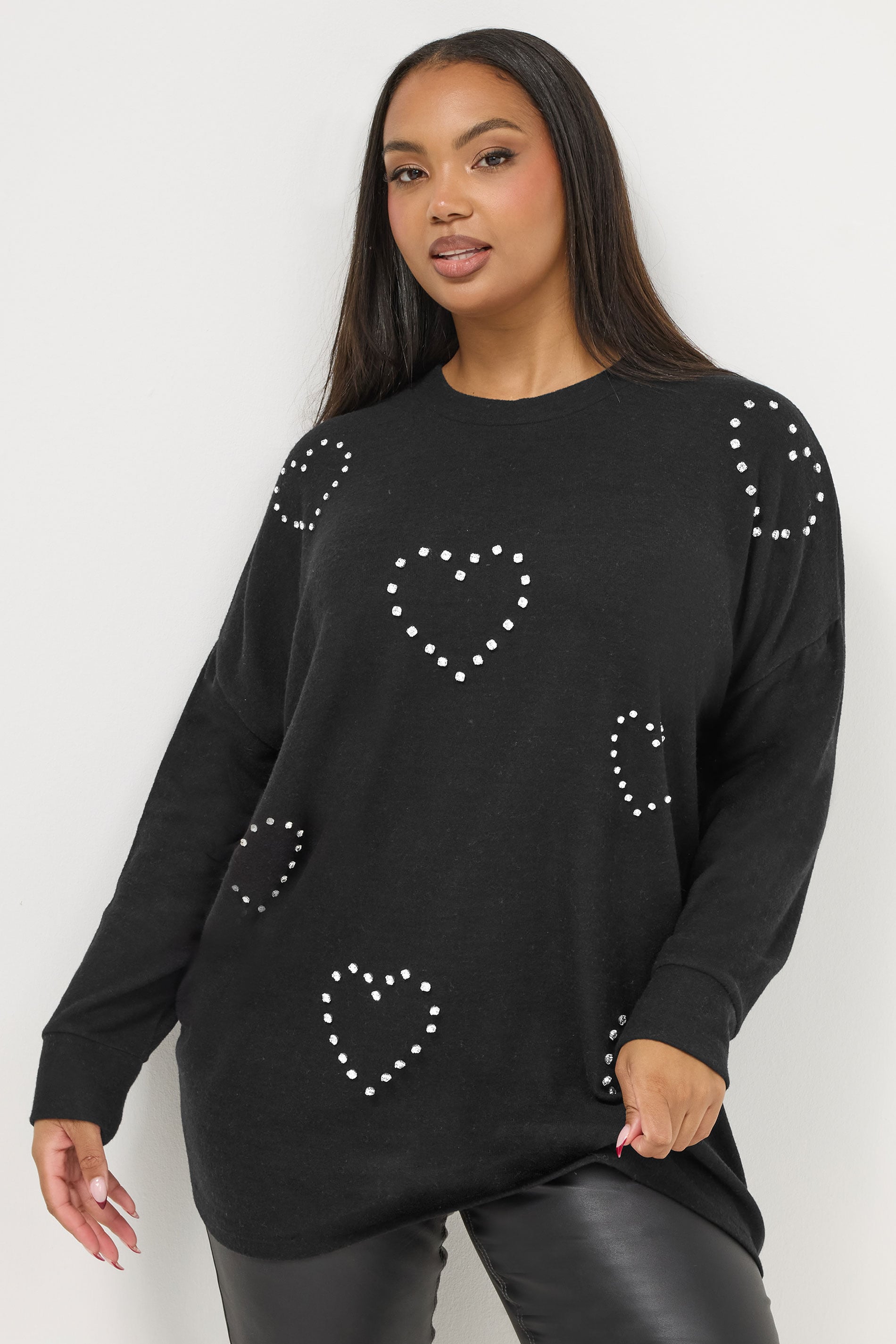 YOURS Plus Size Black Diamante Heart Jumper | Yours Clothing 3