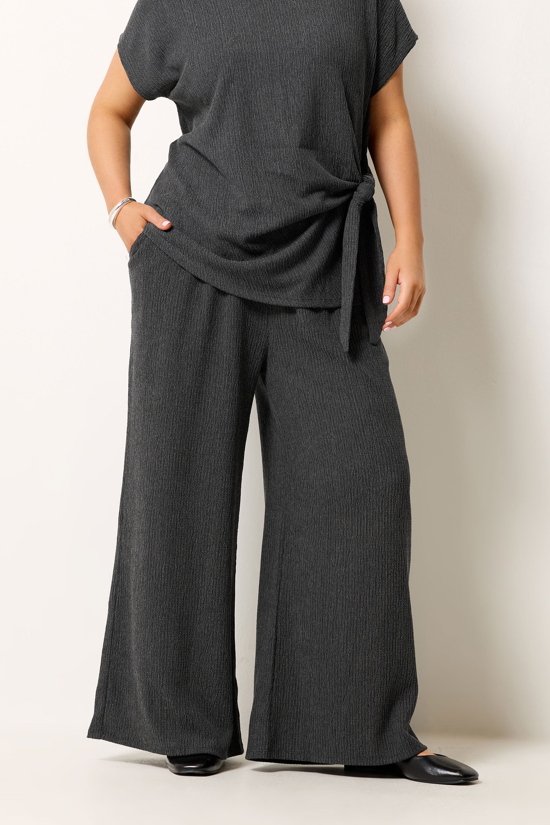 YOURS Plus Size Grey Wide Leg Textured Trousers | Yours Clothing 3