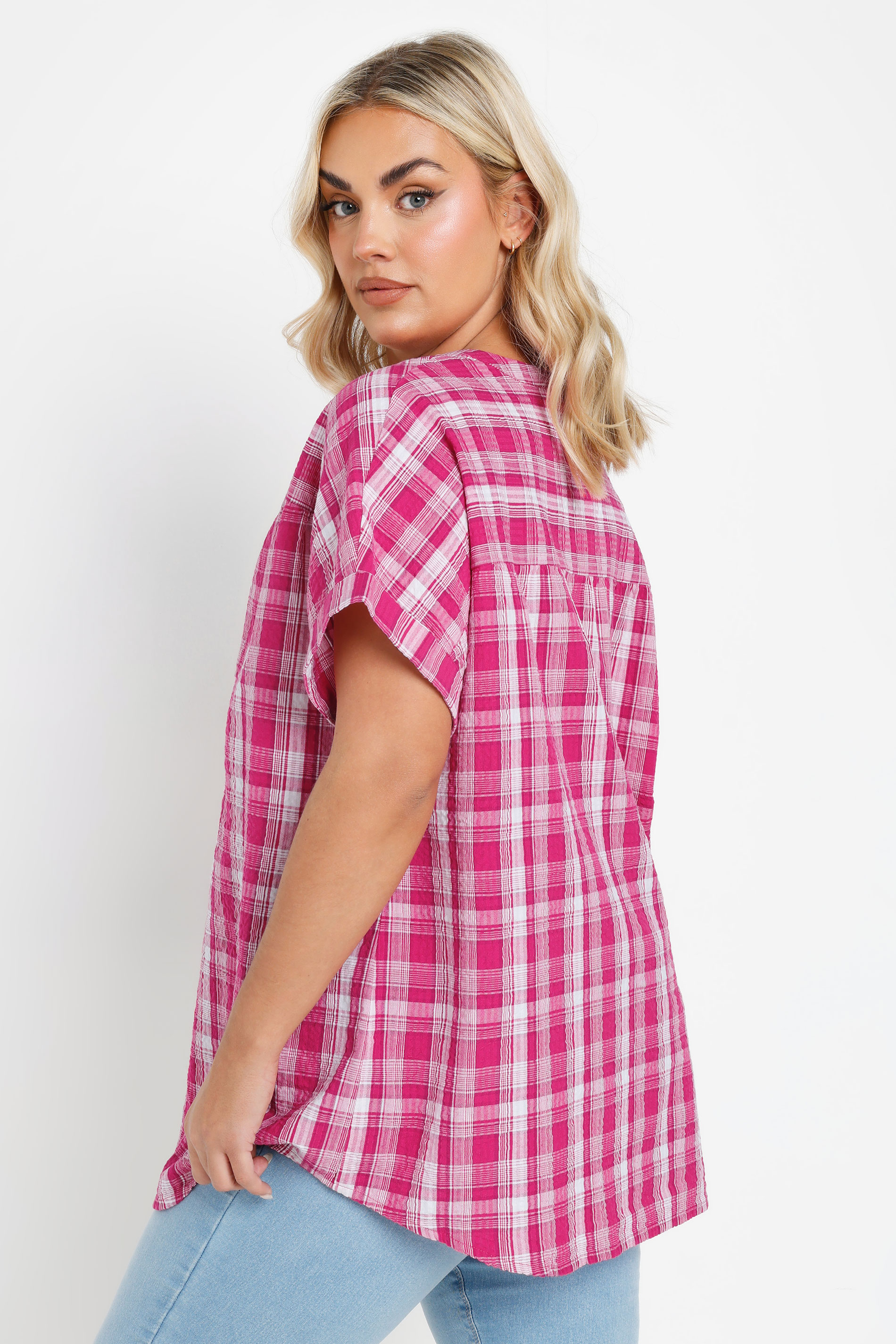 YOURS Plus Size Pink Check Print Textured Blouse | Yours Clothing 2